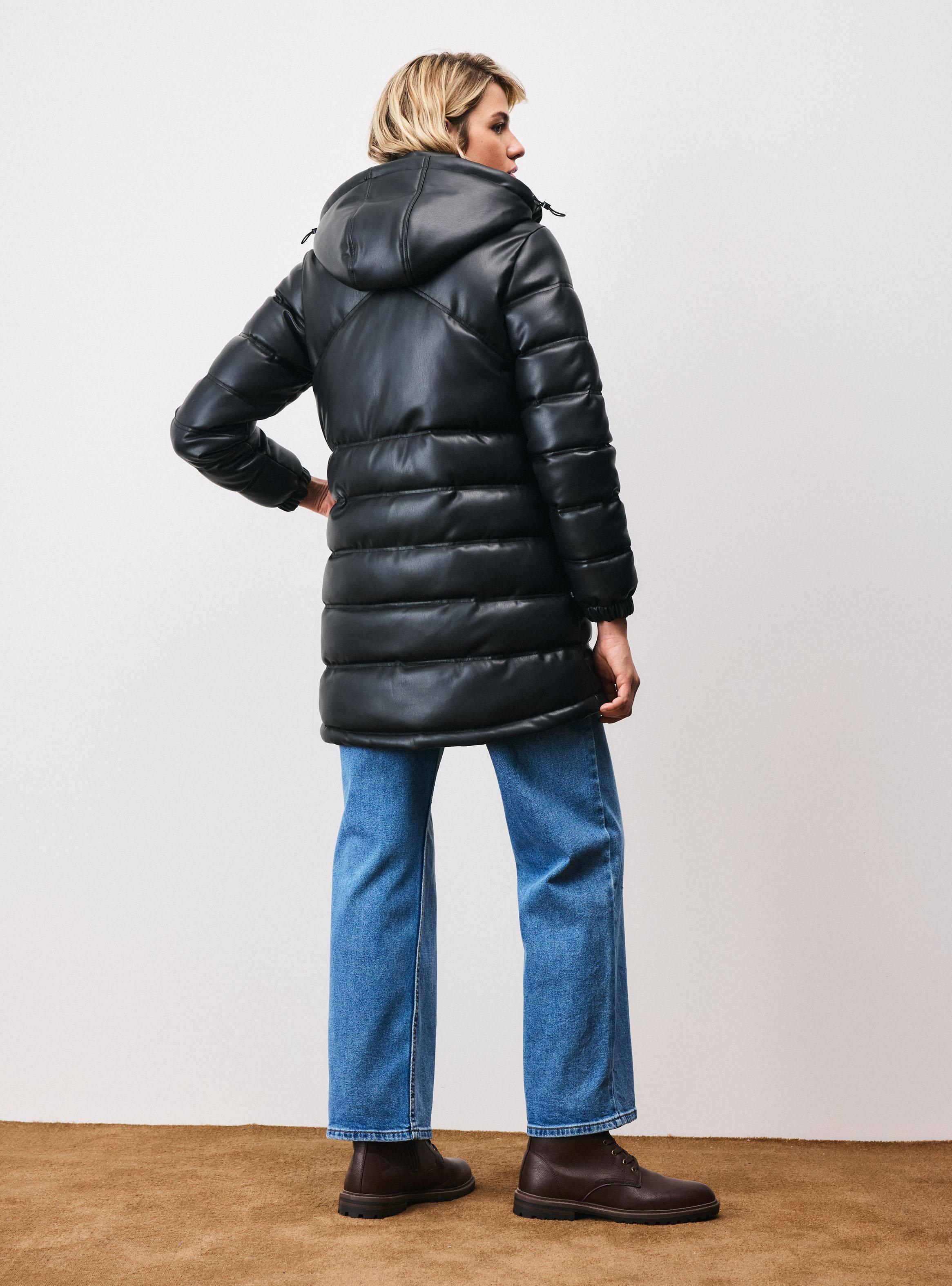 Parka Acolchada Larga de Cuero Sintético-5