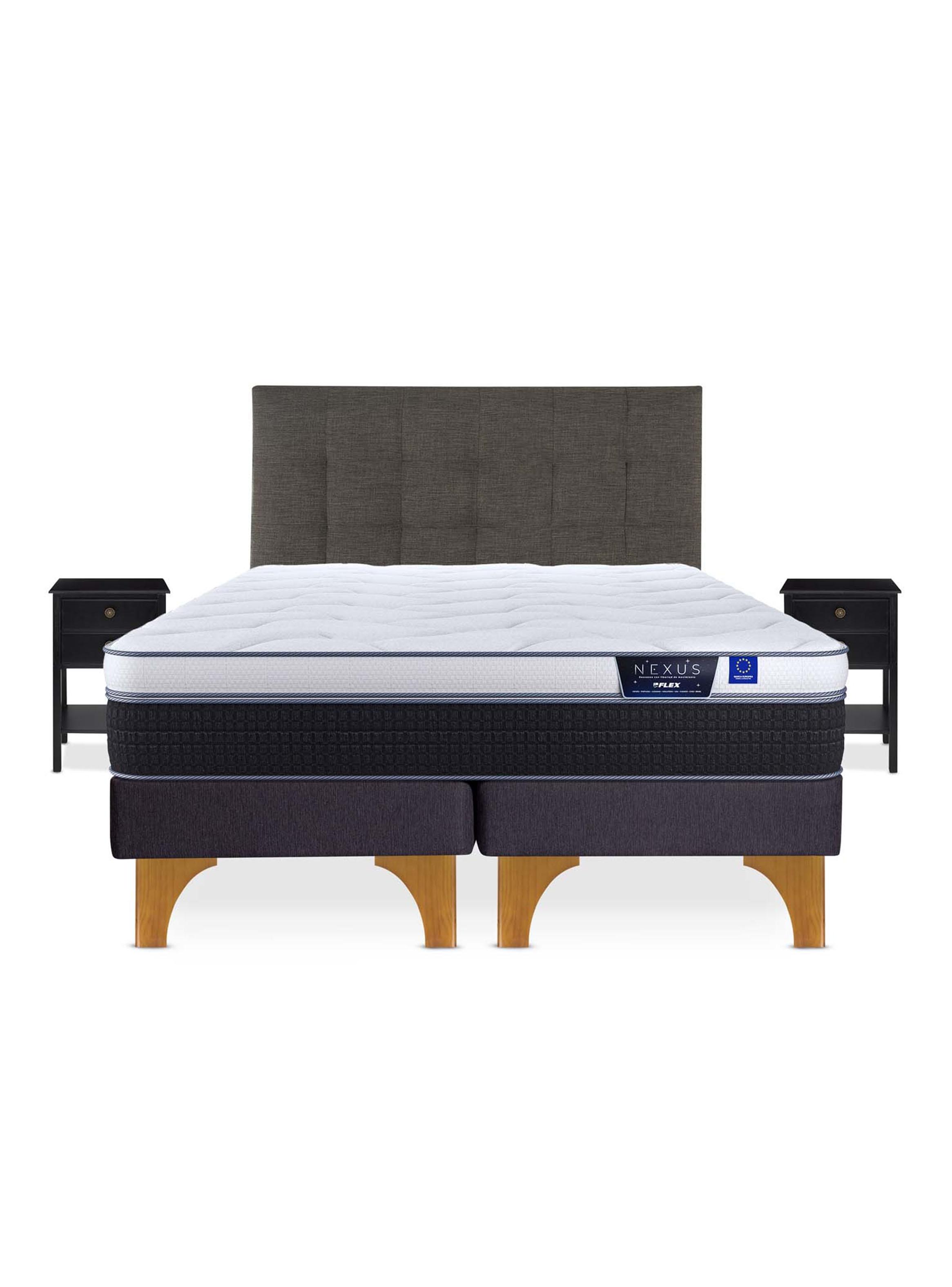 Cama Europea Nexus 2 Plazas Box Base Dividida + Respaldo Design Grafito + Velador Rover-2