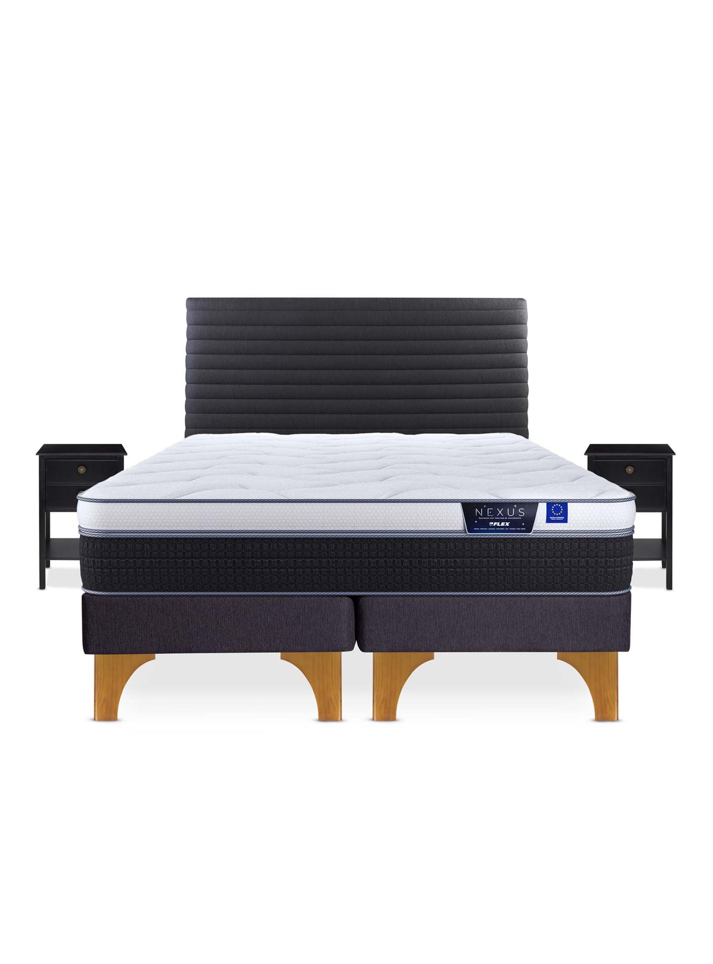 Cama Europea Nexus 2 Plazas Box Base Dividida + Respaldo Modern Grafito + Velador Rover-2