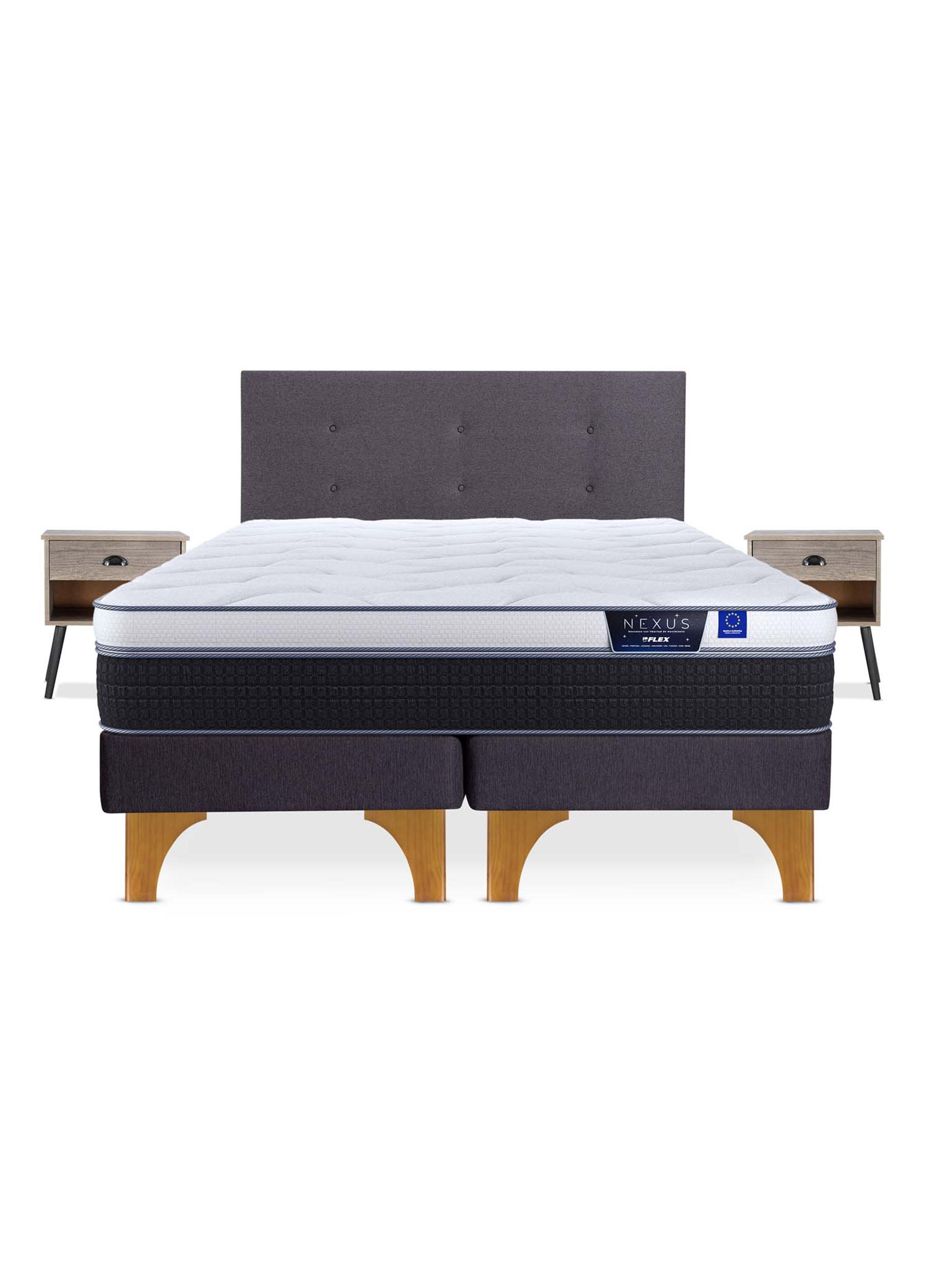 Cama Europea Nexus 2 Plazas Base Dividida + Respaldo Royal Grafito + Velador Rock-2