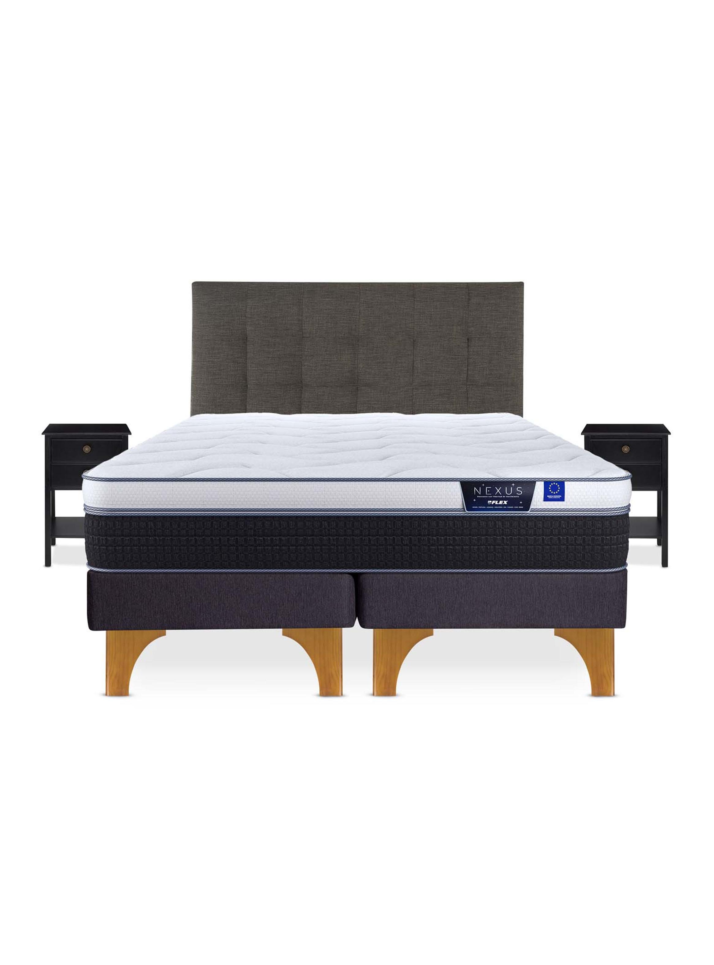 Cama Europea Nexus King + Respaldo Design Grafito + Velador Rover-2