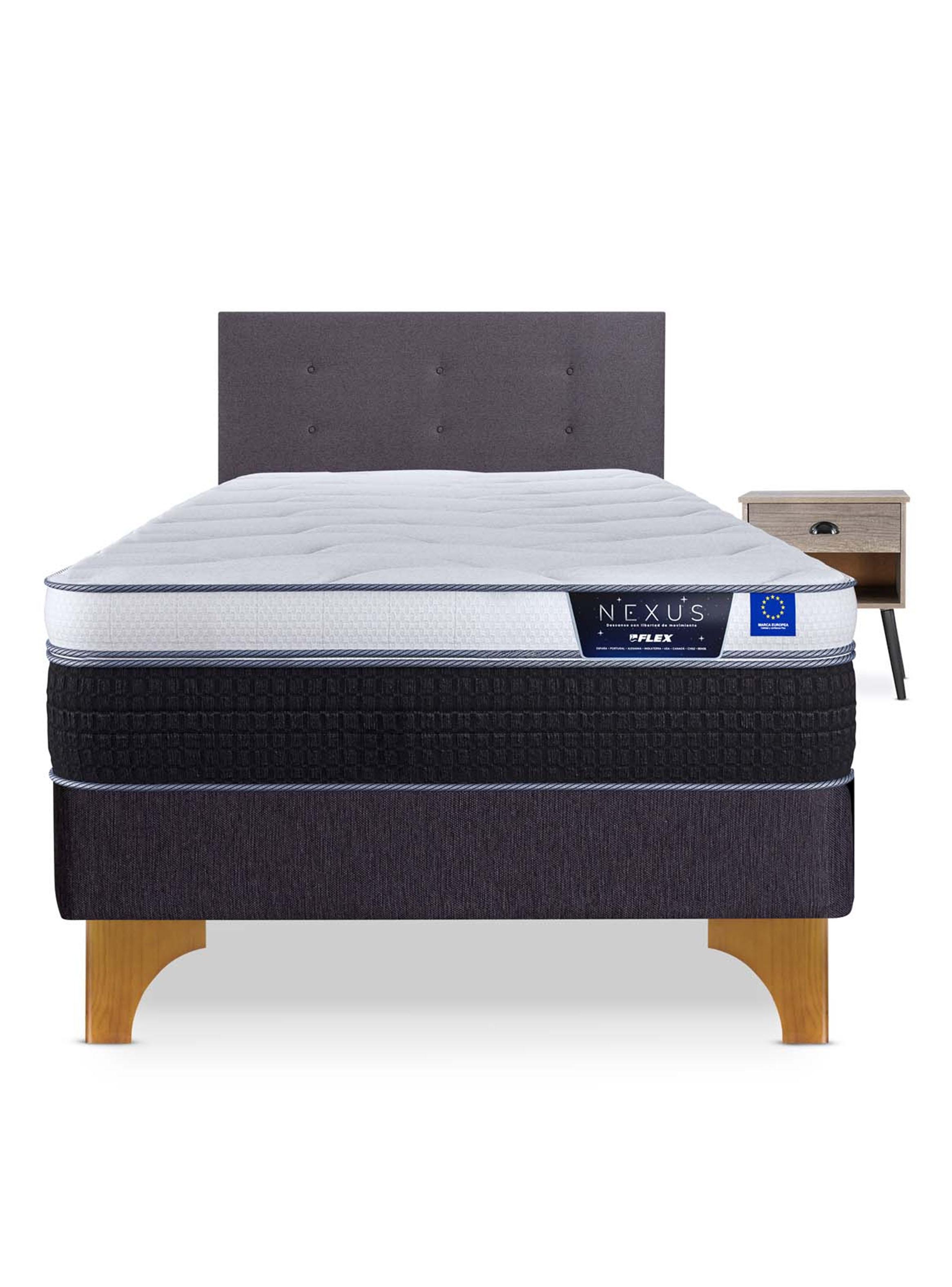 Cama Europea Nexus 1.5 Plazas Box + Respaldo Royal Grafito + Velador Rock-2