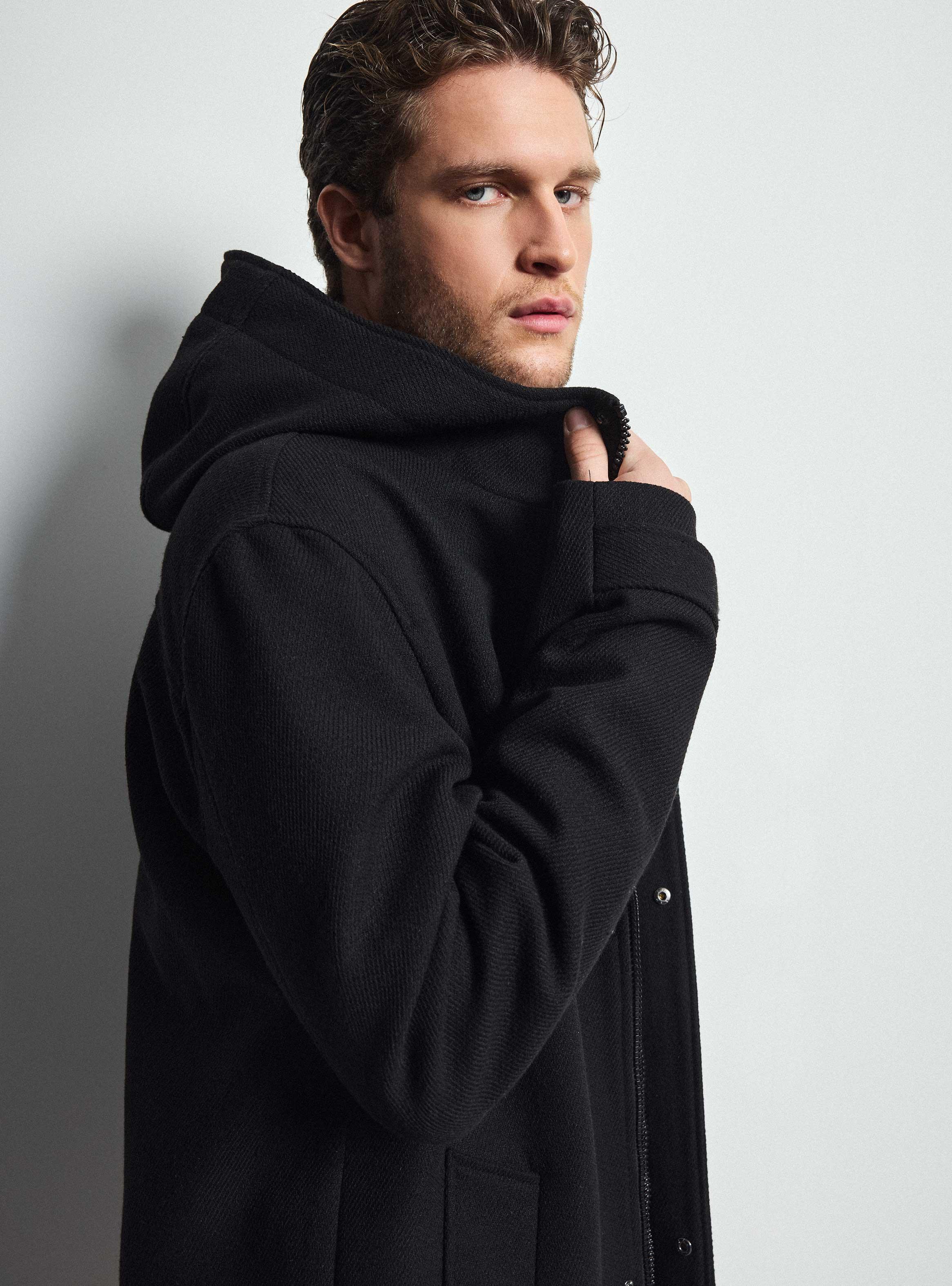 Abrigo Liso Hoodie con Lana-3