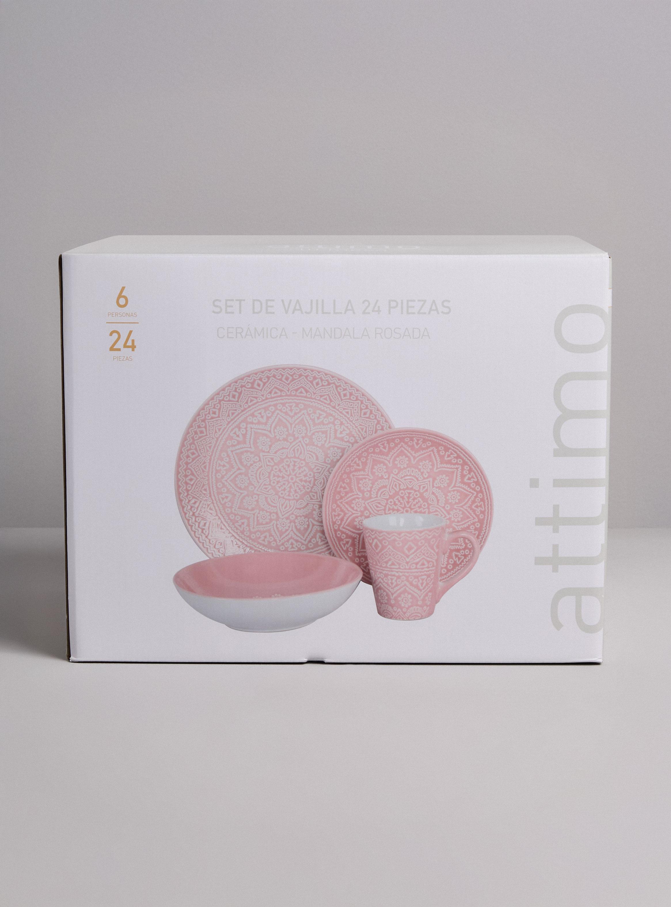 Set Vajilla 24 Piezas Mandala Rosa Cerámica-3