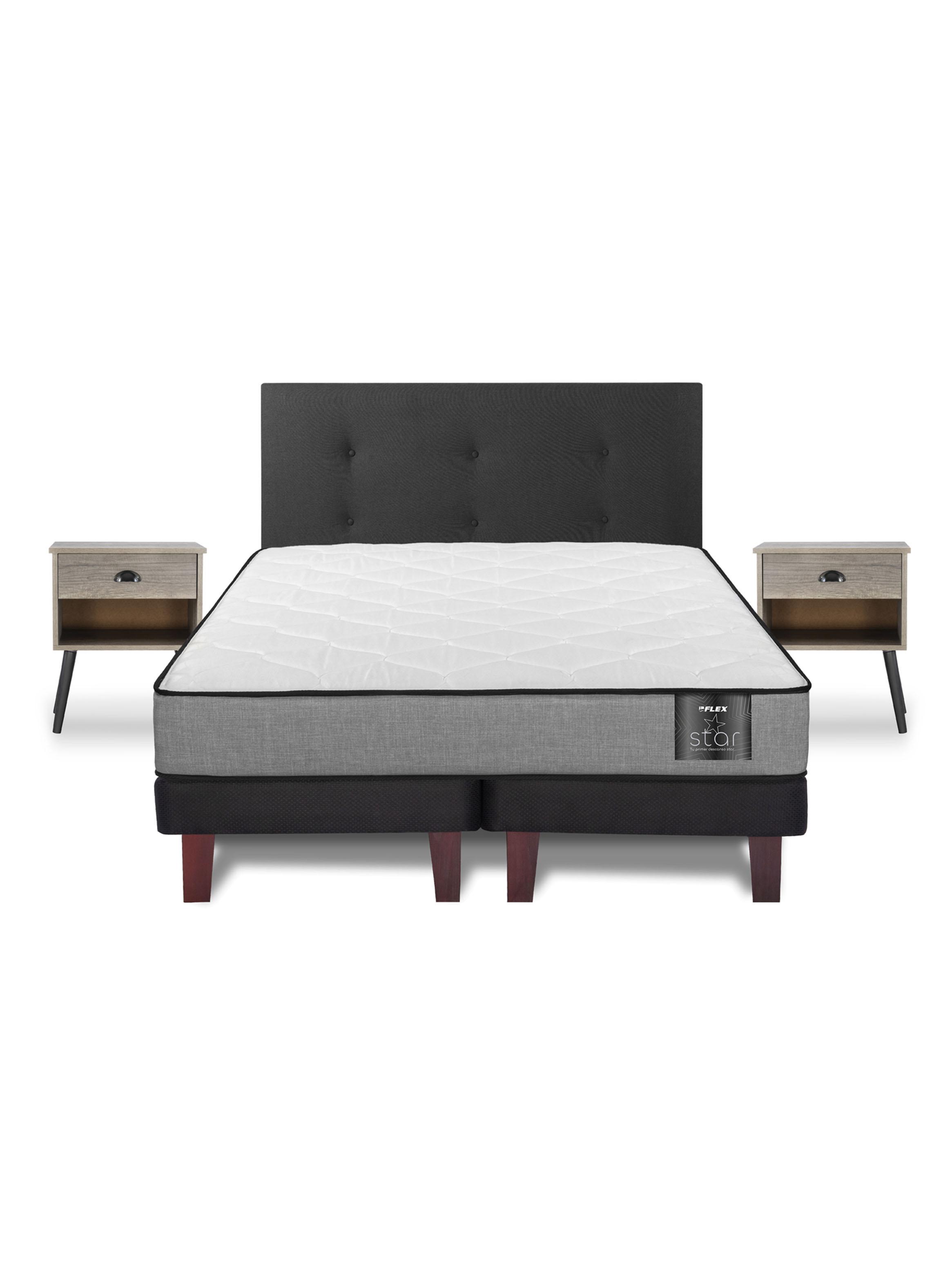 Cama Europea Star 2 Plazas Box Base Dividida + Respaldo Royal Negro + Veladores Rock-2