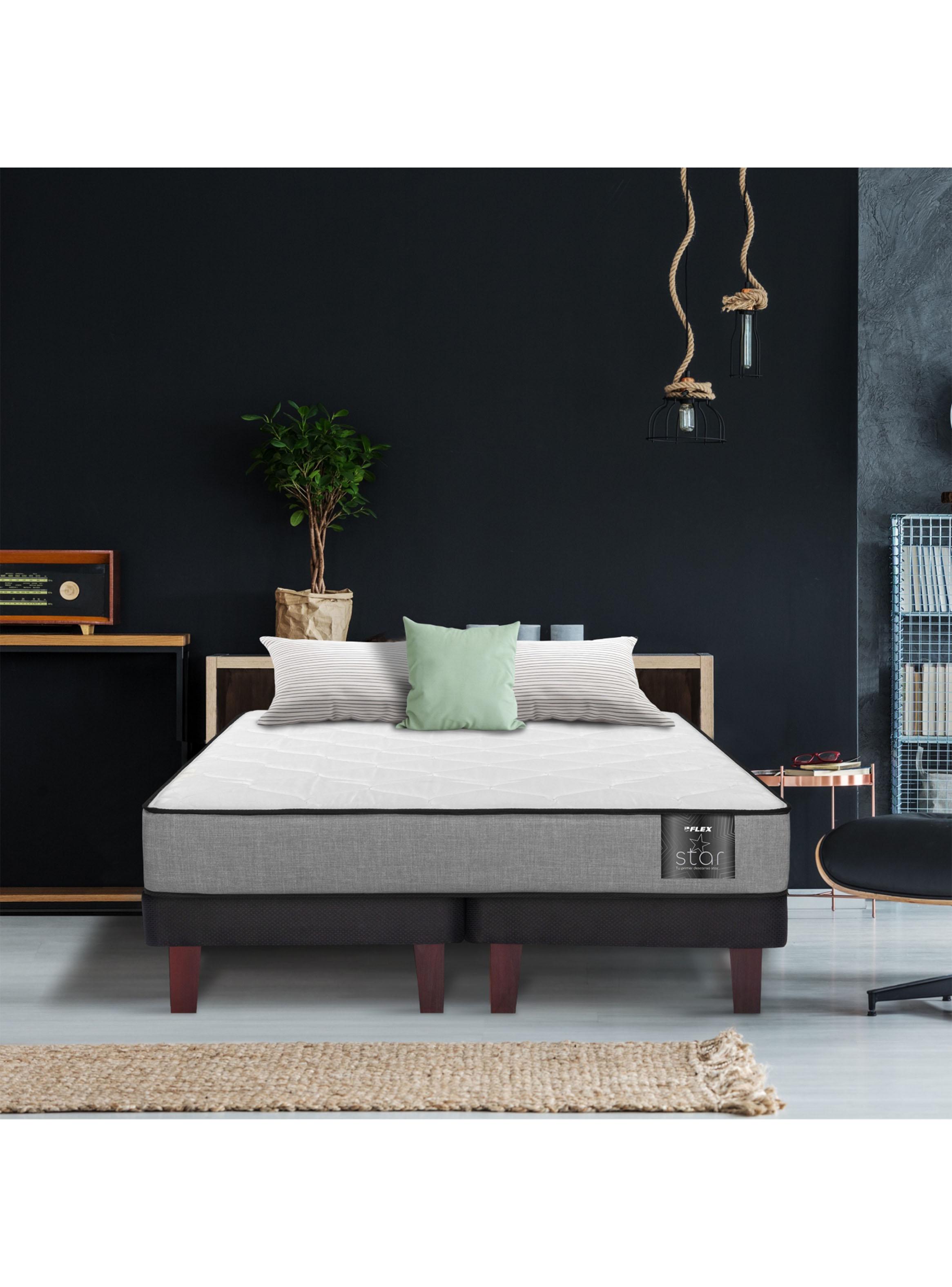 Cama Europea Star 2 Plazas Box Base Dividida + Respaldo Royal Negro + Veladores Rock-5