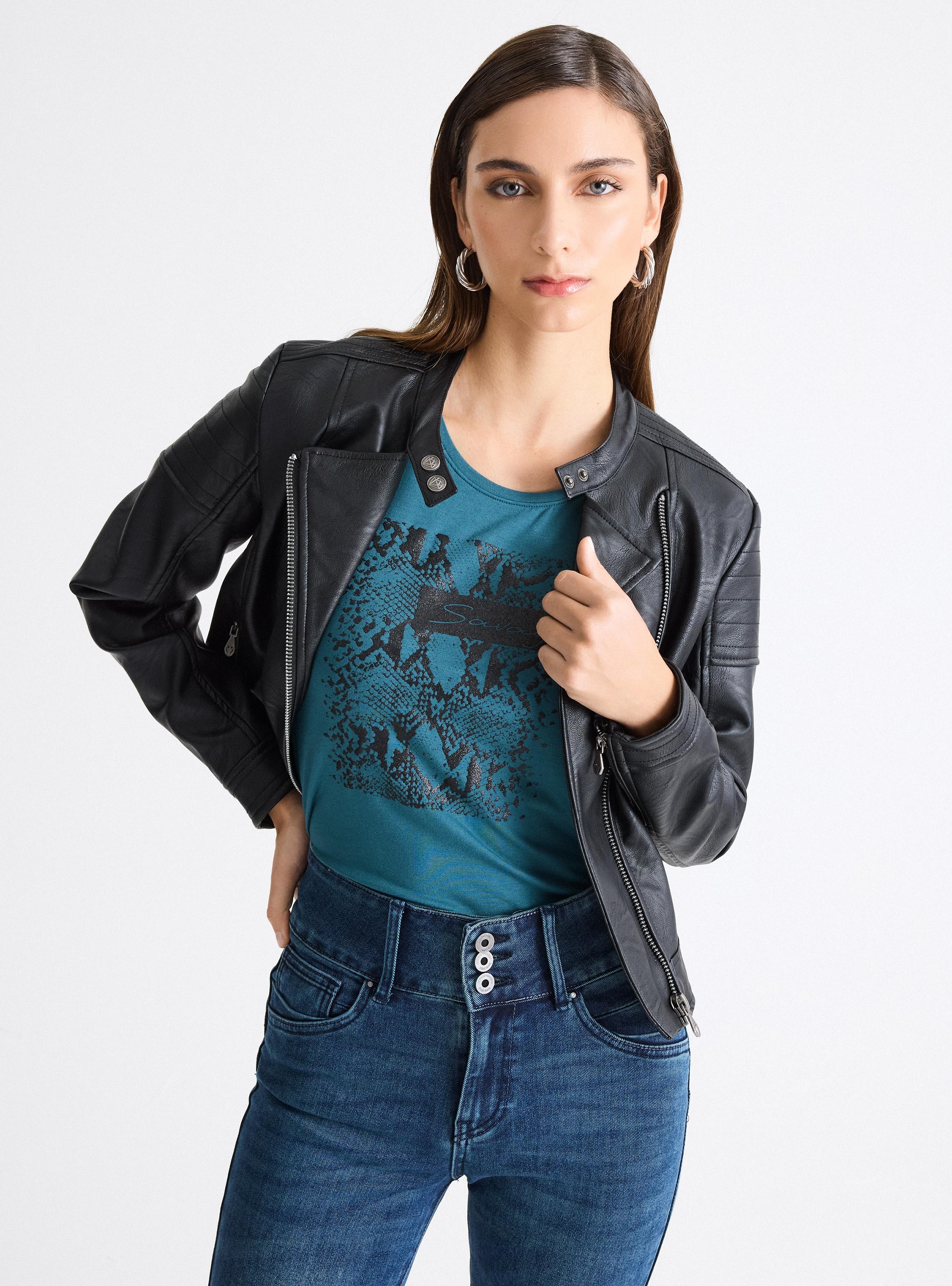 Chaqueta Biker Pespuntes en Hombros-0