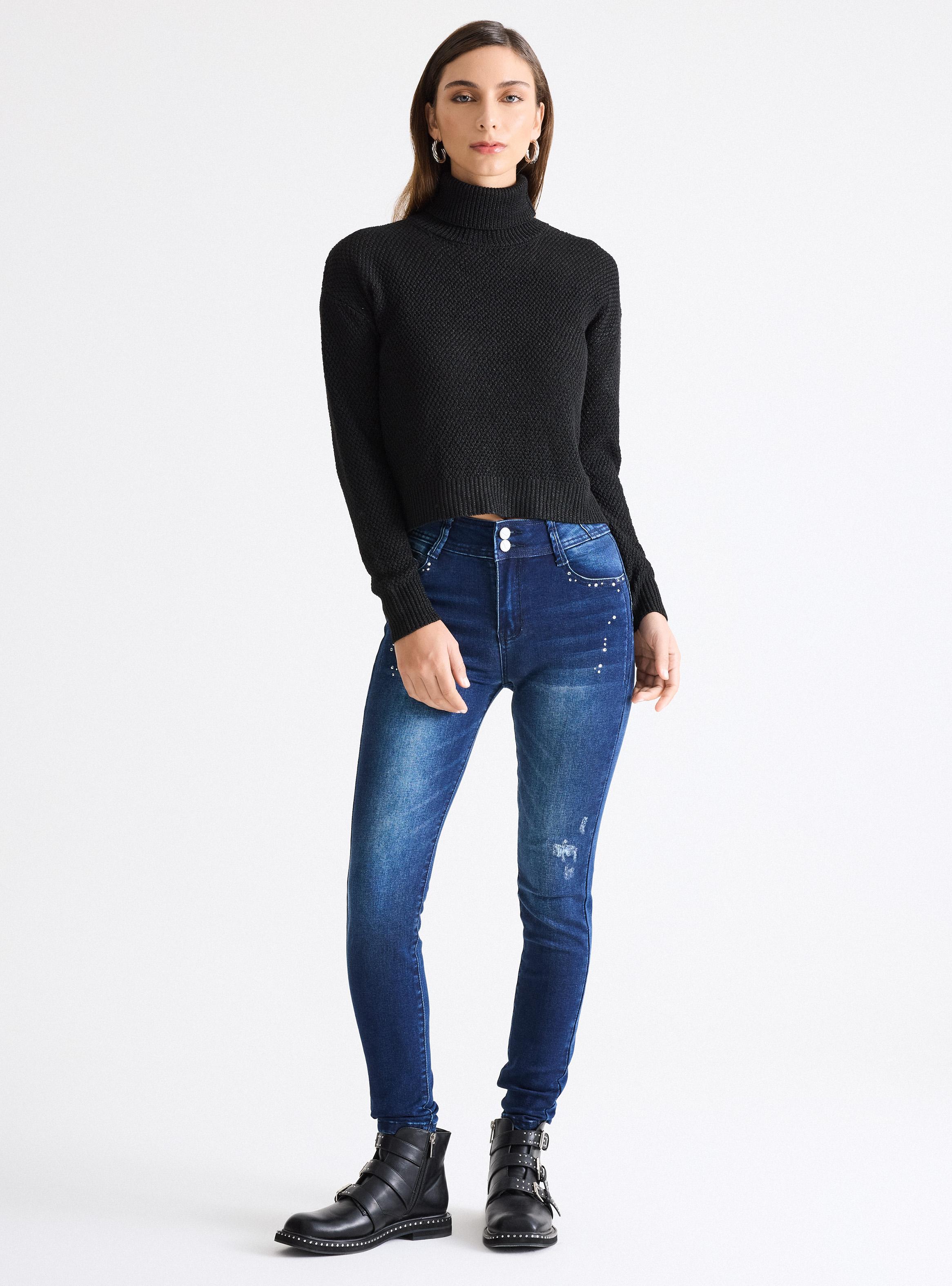 Jeans Push Up Pretina Ancha con Aplicaciones-4