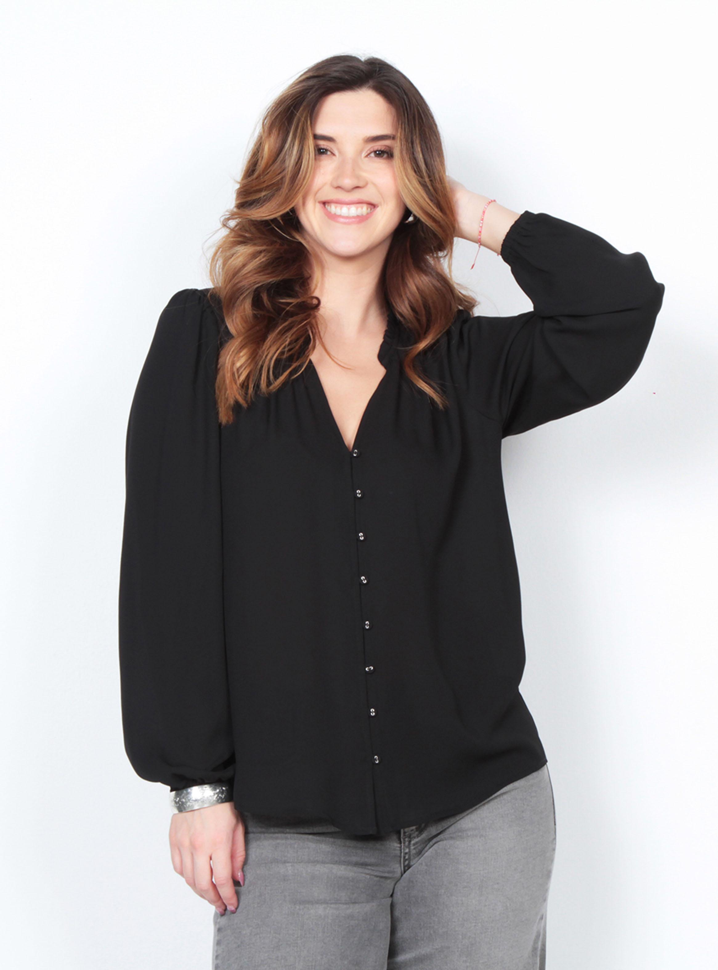 Blusa Manga Larga Sólida Abotonada-0
