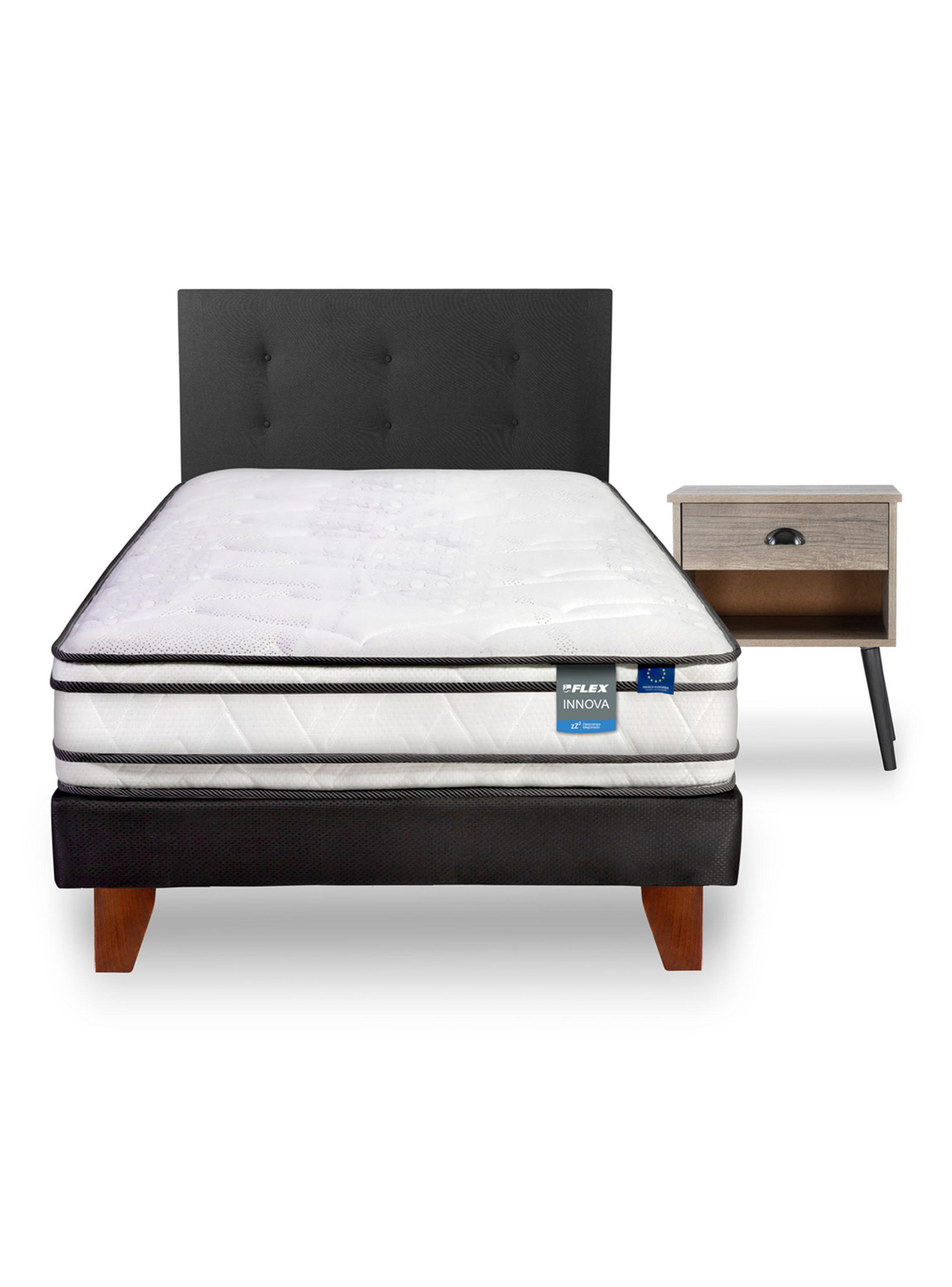 Cama Europea Innova 1.5 Plazas Box + Respaldo Royal Negro + Velador Rock-2