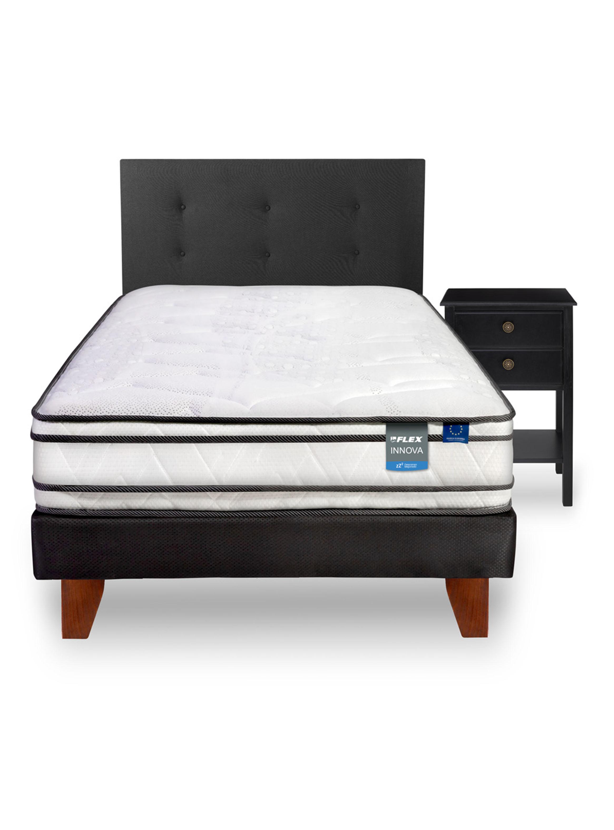Cama Europea Innova 1.5 Plazas Box + Respaldo Royal Negro + Velador Rover-2