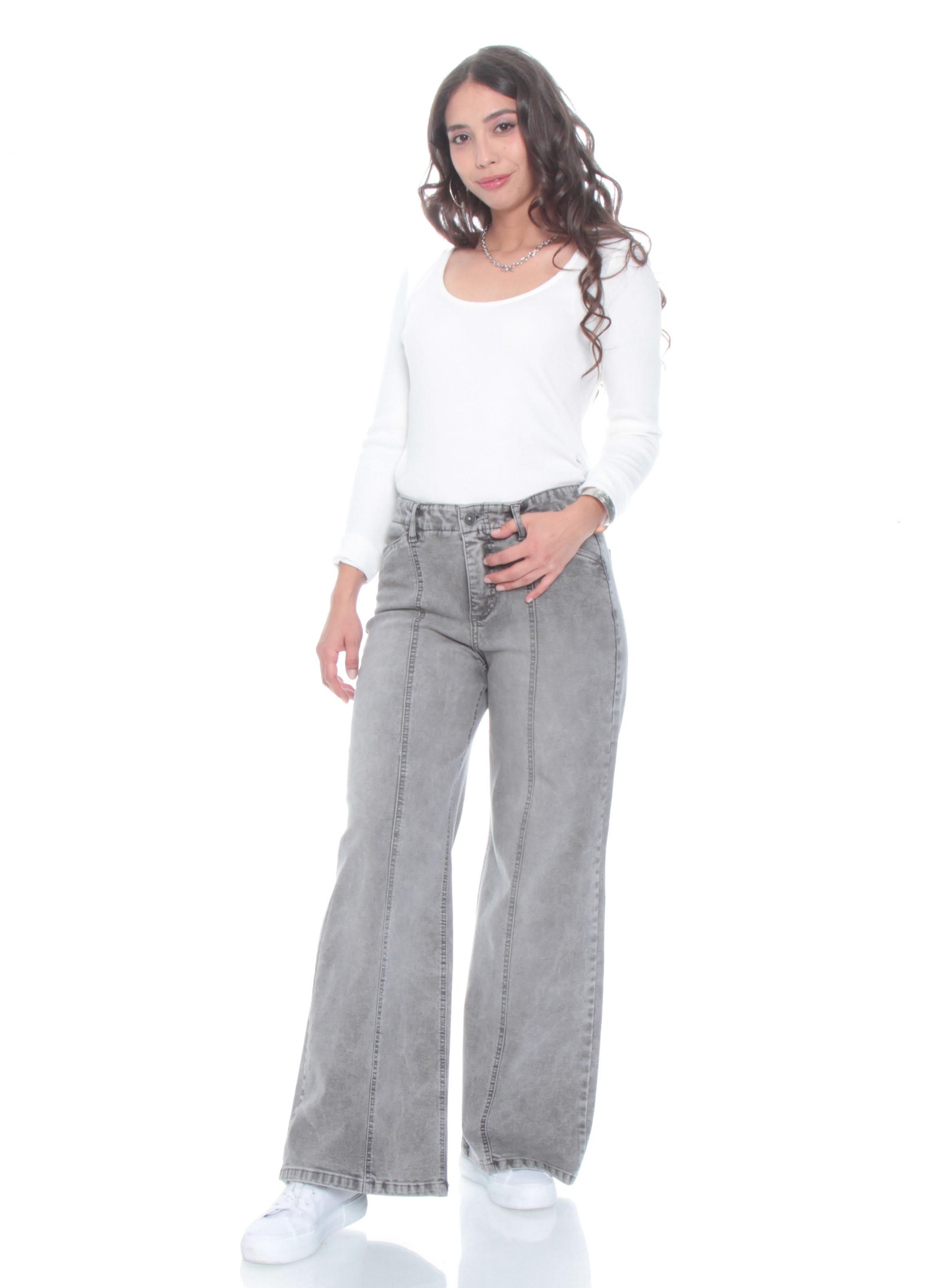 Jeans Wide Leg Tiro Alto Pretina Corte Central-3