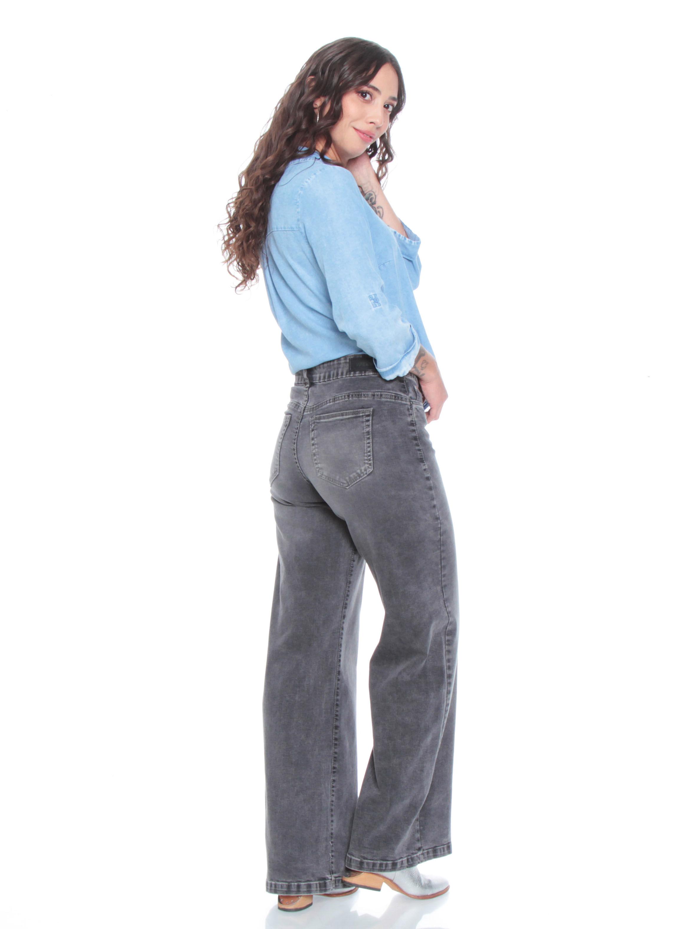 Jeans Wide Leg Tiro Alto Pretina Liso-4