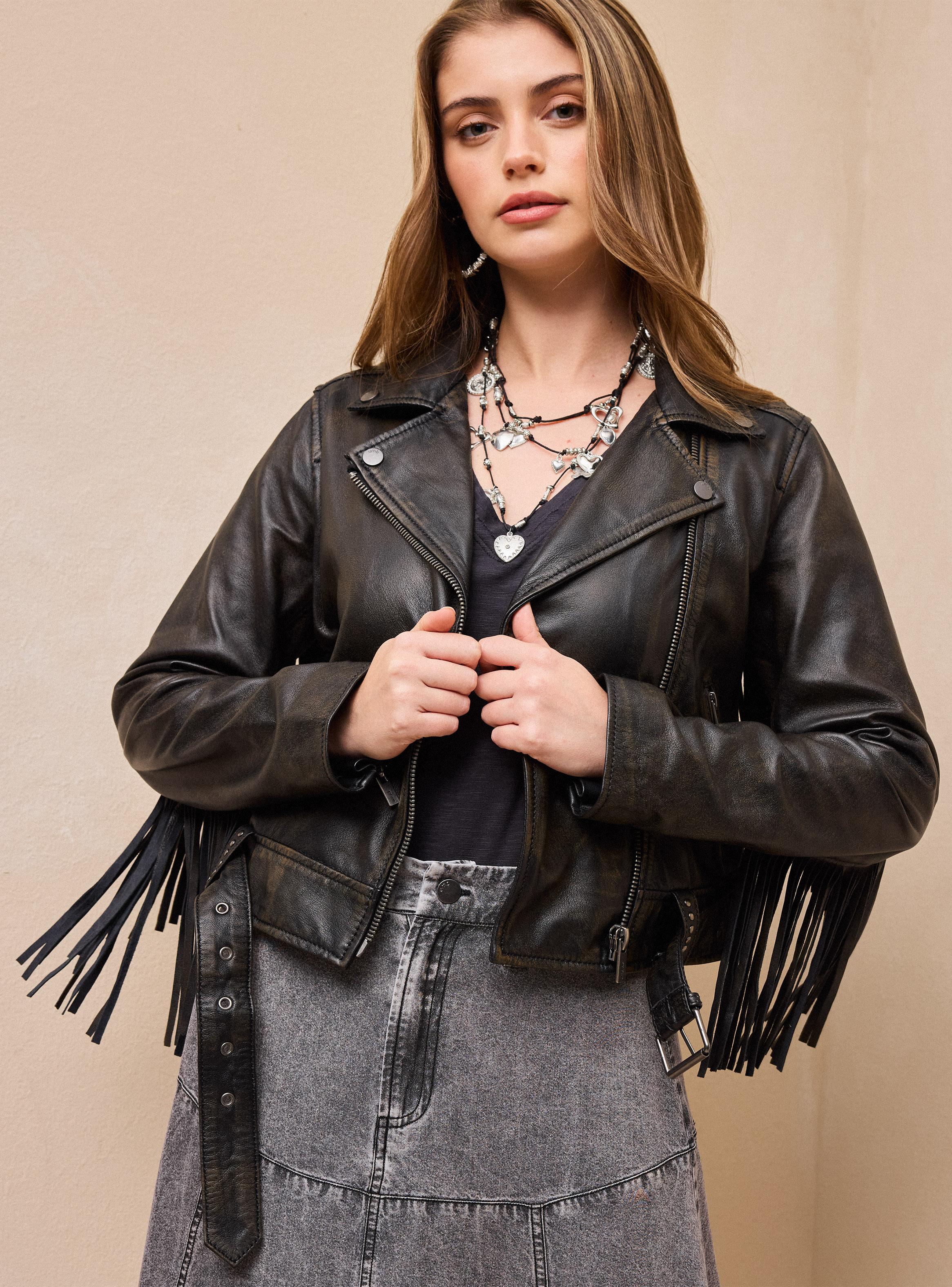 Chaqueta Cuero Tipo Biker con Flecos en Espalda y Mangas-0