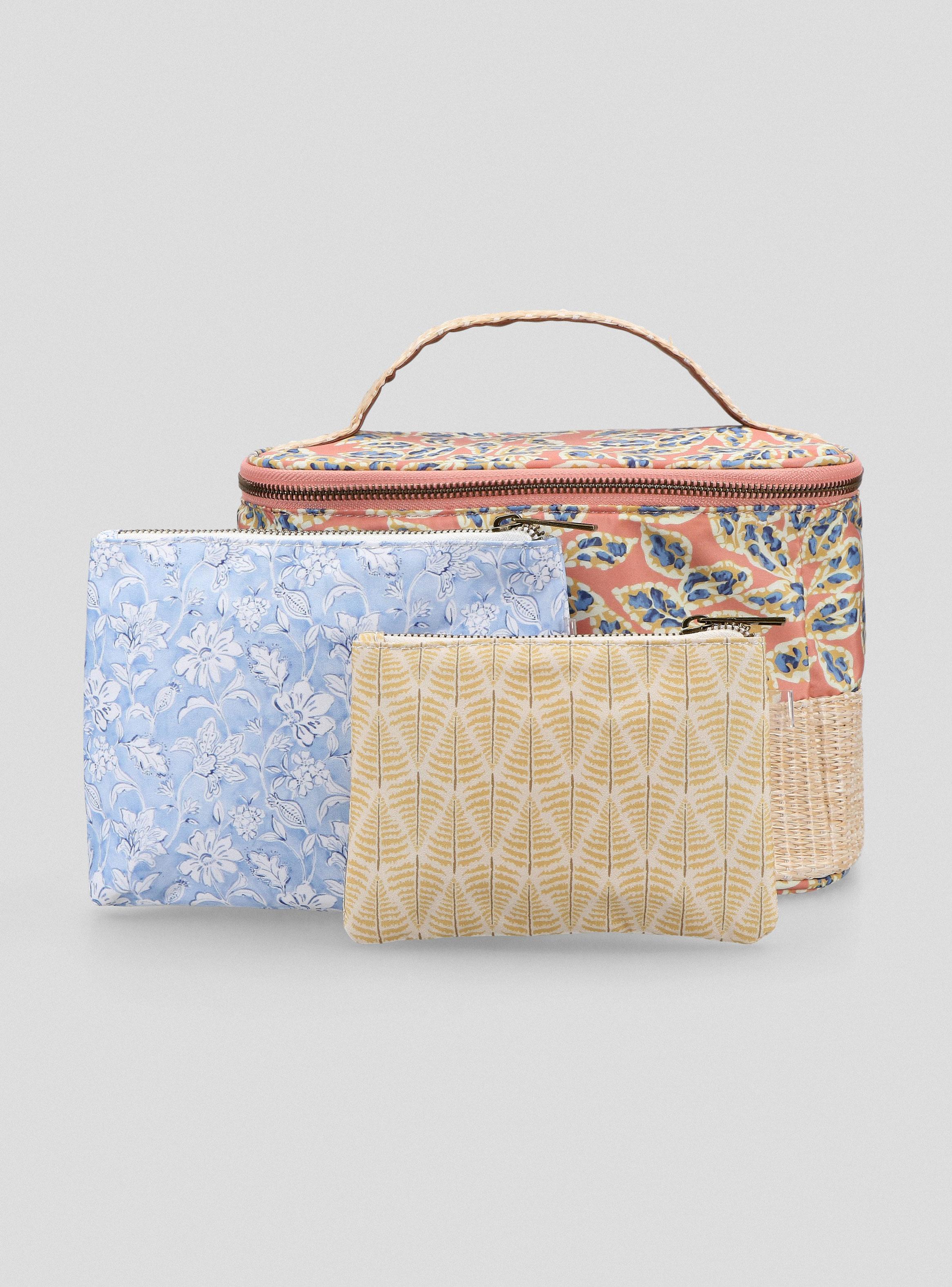 Cosmetiquero 3 Piezas Estampado de Tela y Raffia-3