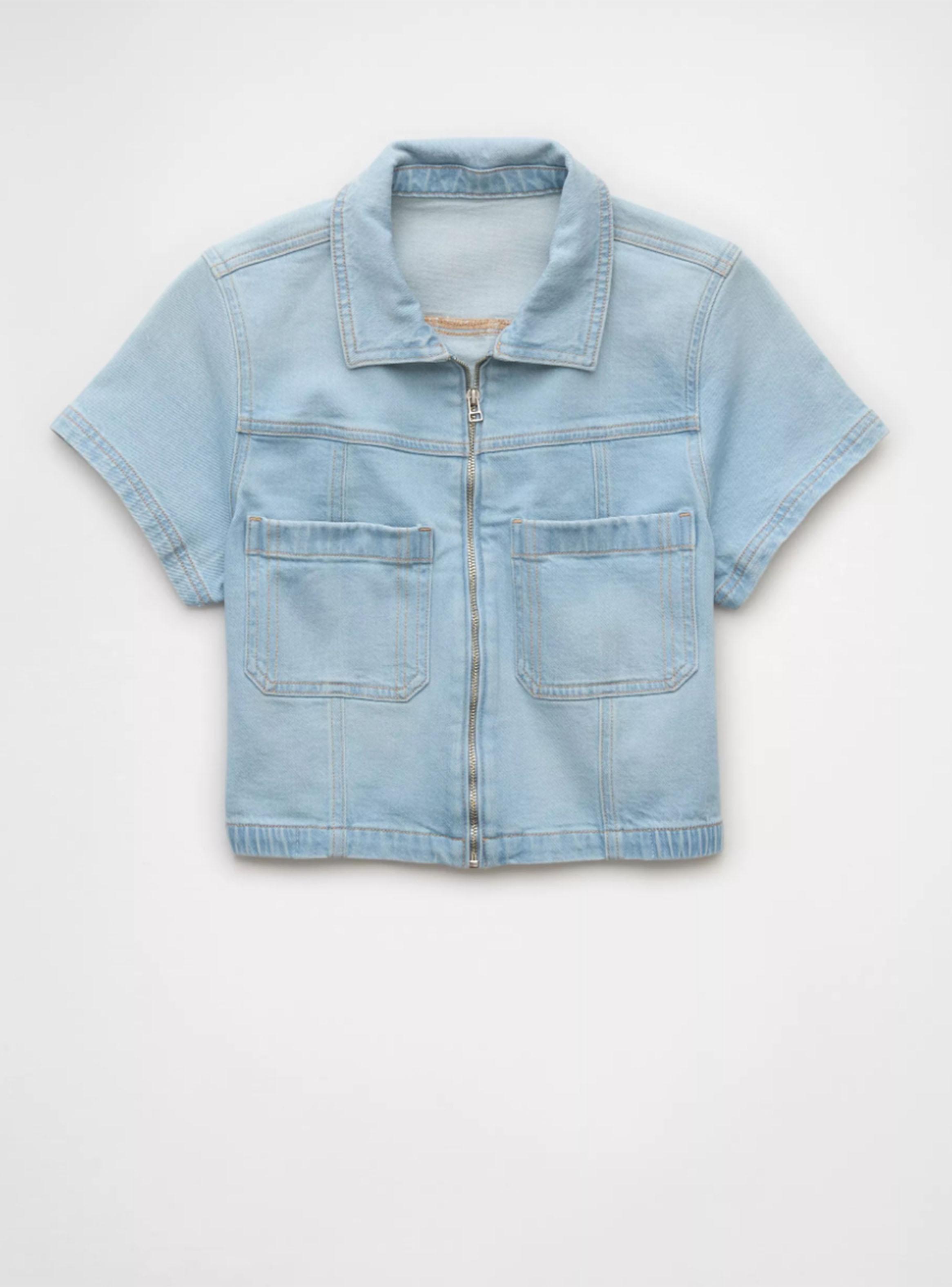 Blusa Ae Denim Manga Corta y Cierre-2