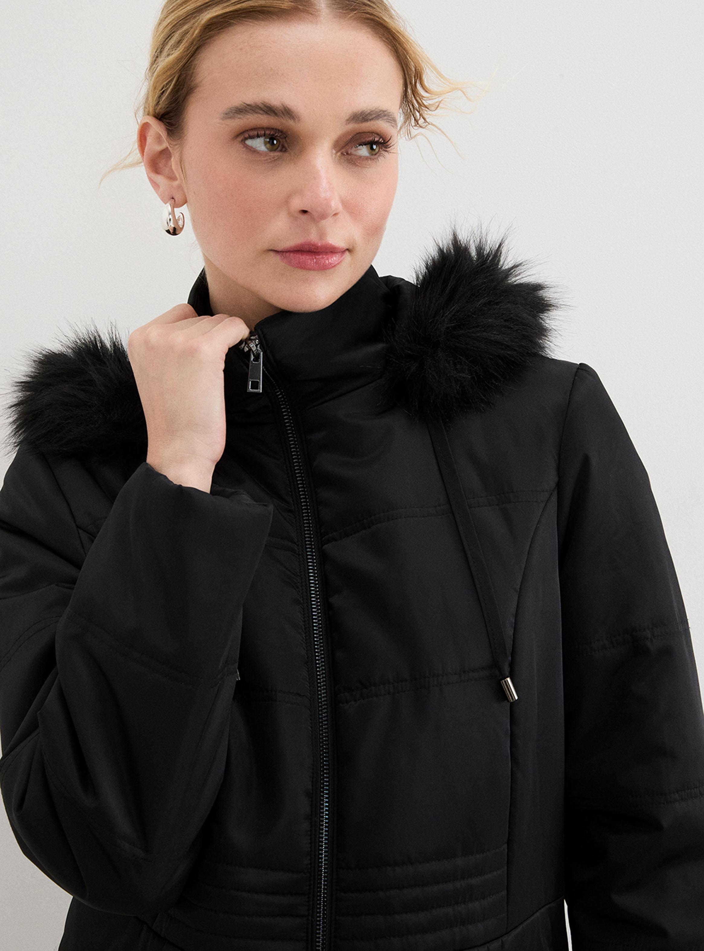 Parka Lisa Manga Larga Gorro con Peludo Desmontable-2