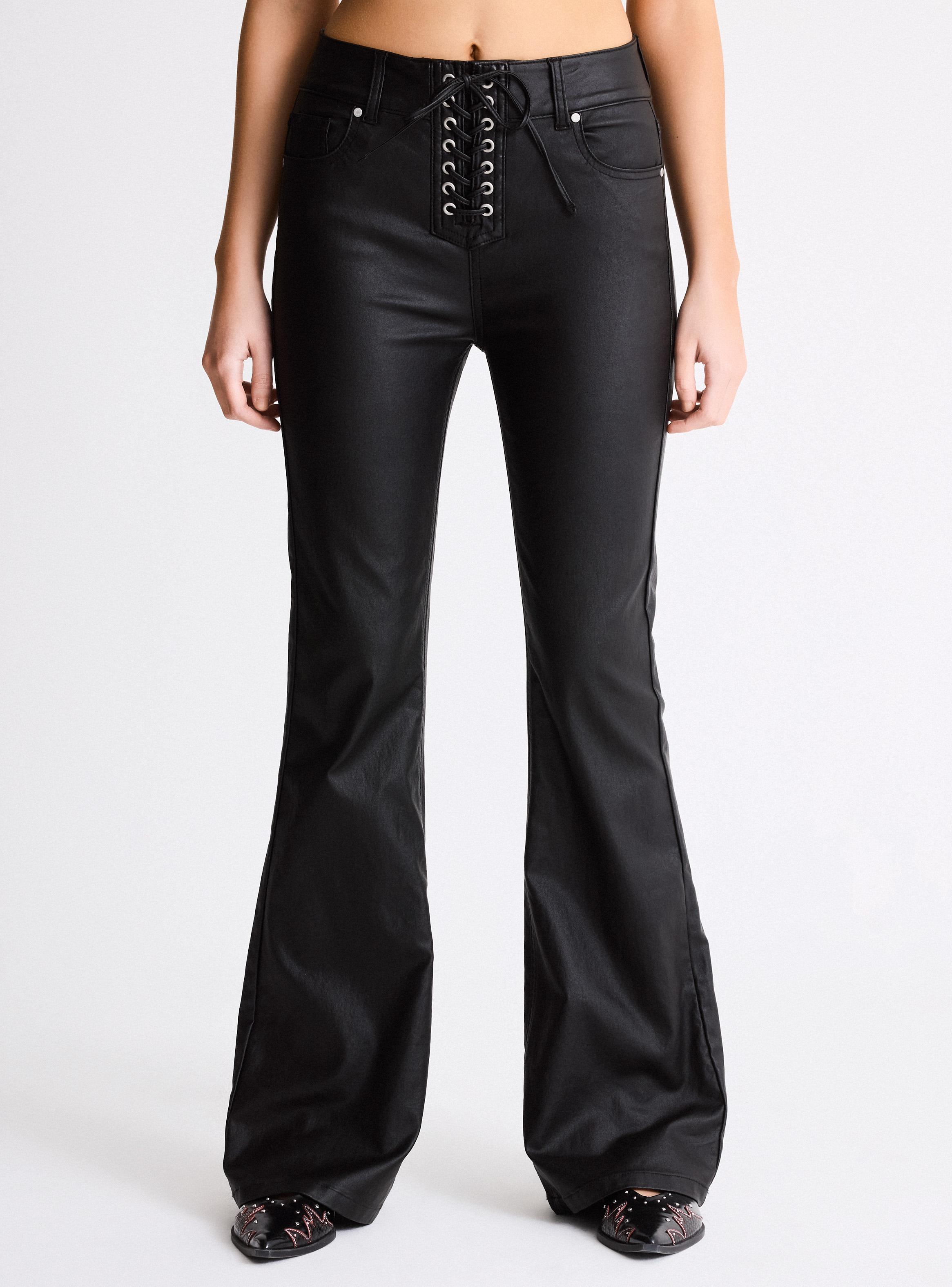 Jeans Flare Tiro Bajo Bragueta Amarras Coated-0