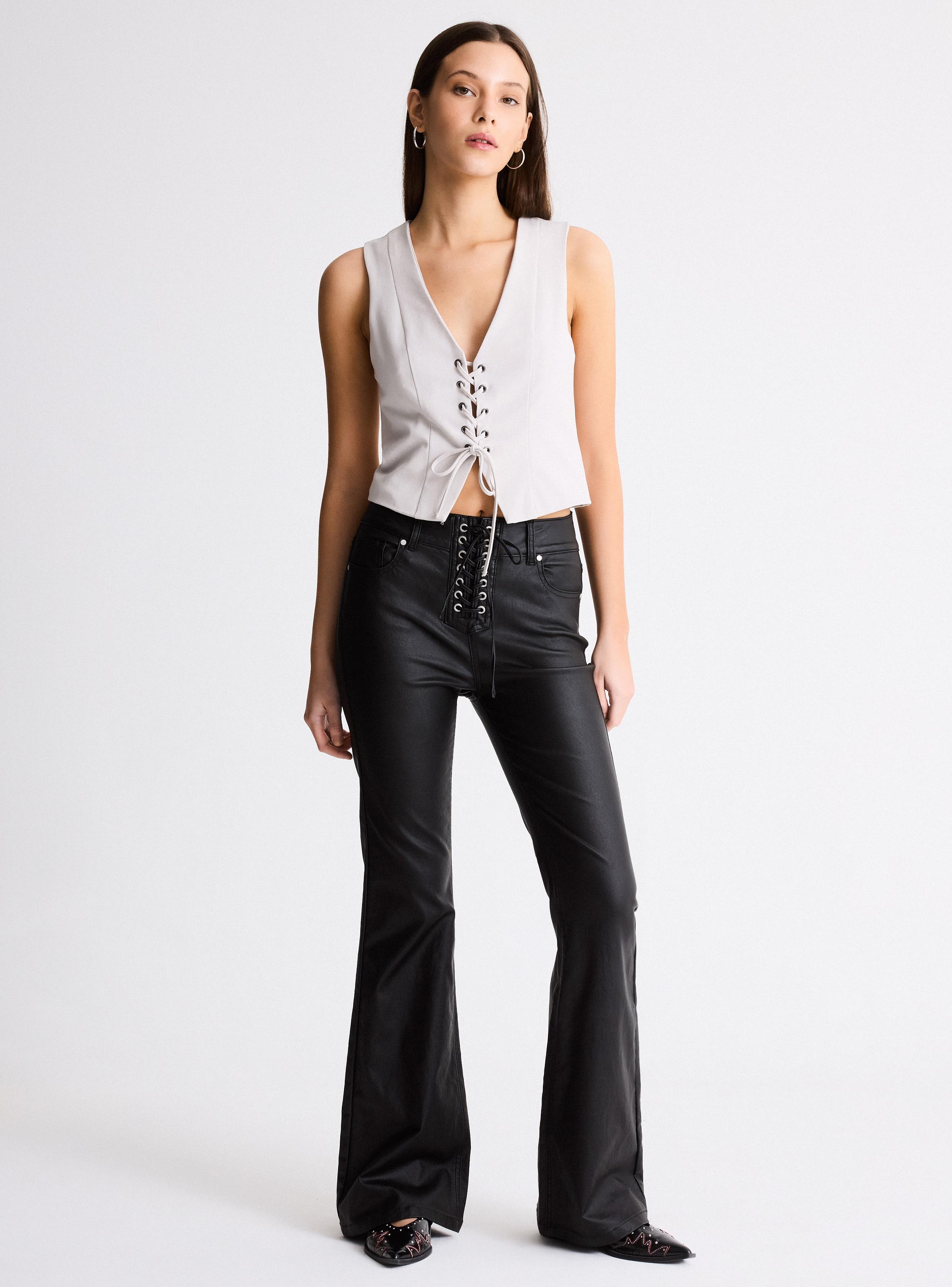 Jeans Flare Tiro Bajo Bragueta Amarras Coated-4