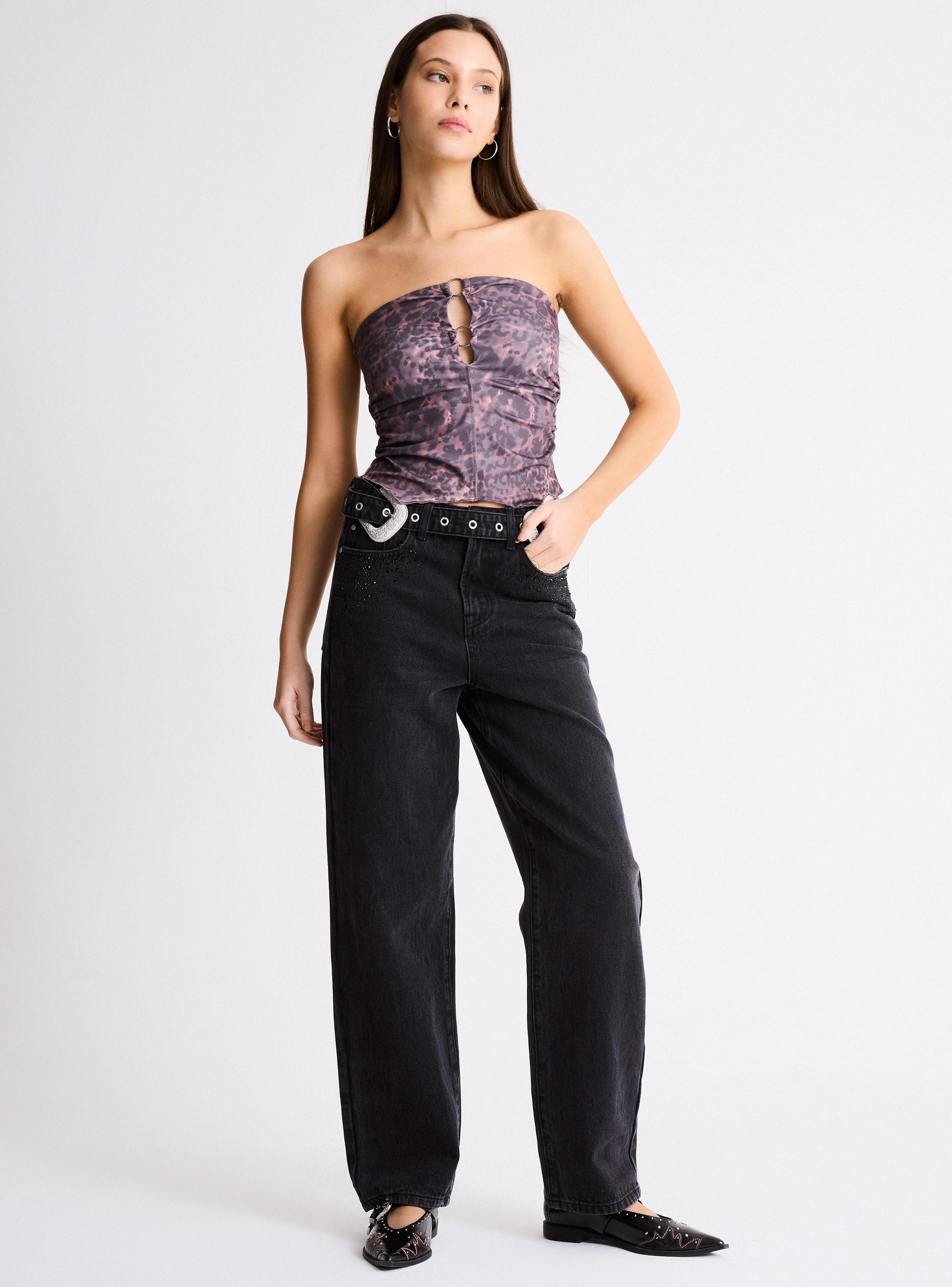 Jeans New Mom Cinturón Doble Hebilla Aplicación de Strass-4
