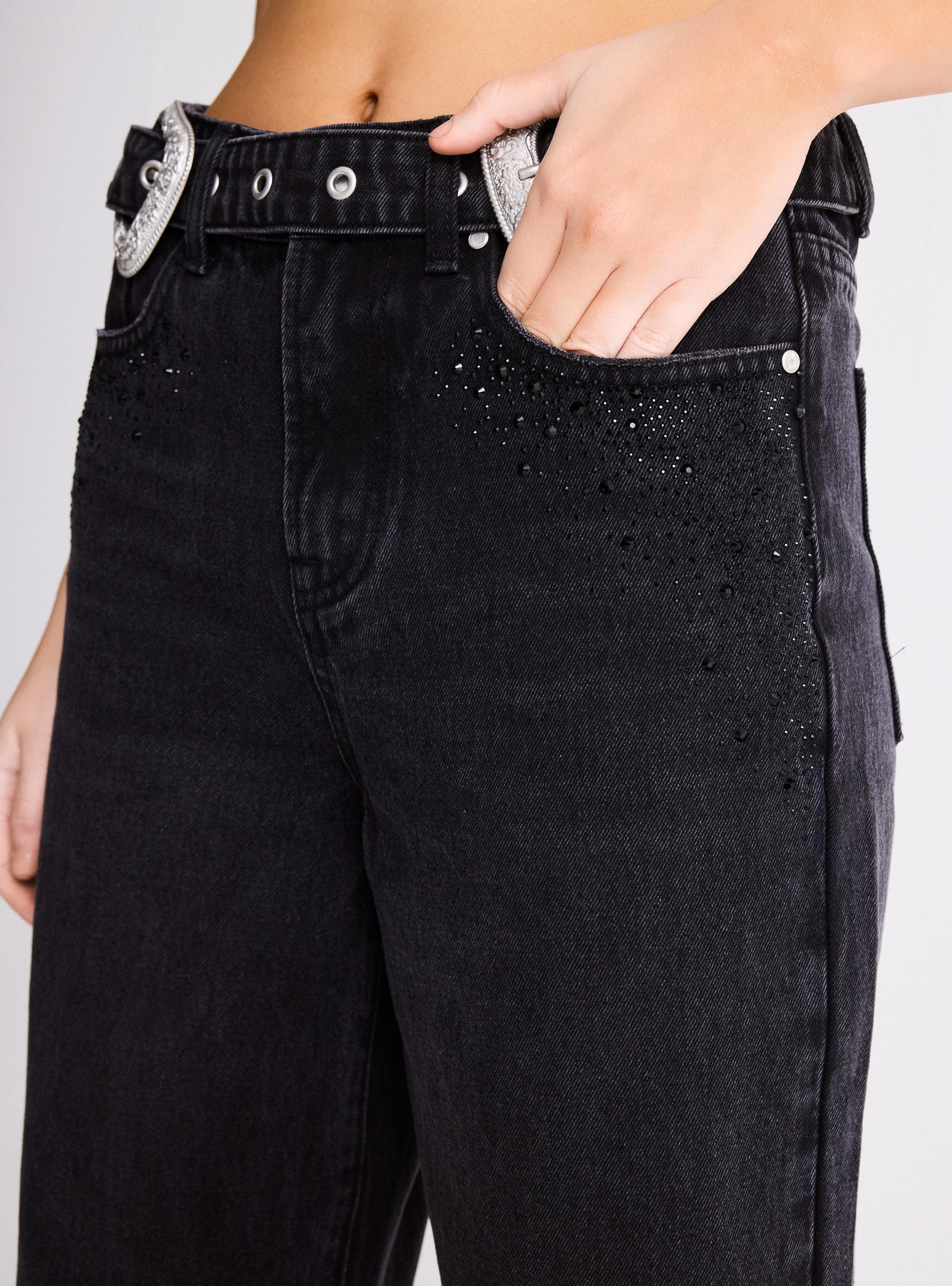 Jeans New Mom Cinturón Doble Hebilla Aplicación de Strass-2