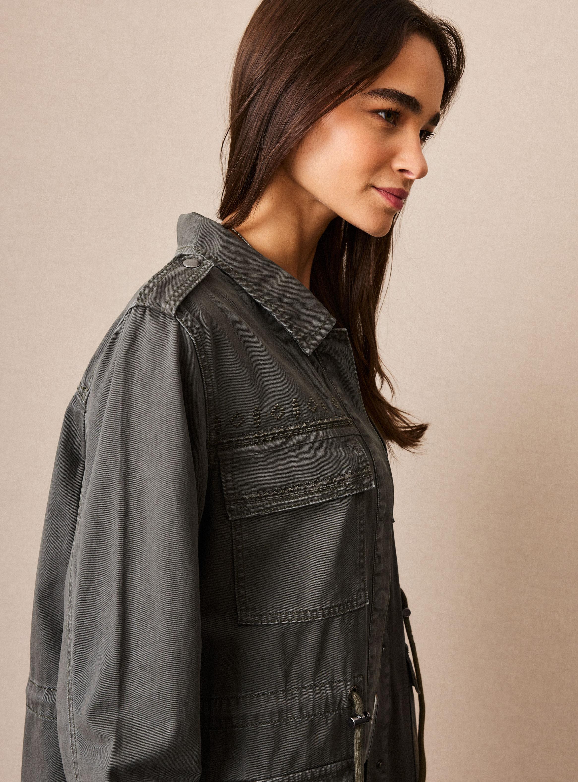 Chaqueta Gabardina con Bordado y Cintura Ajustable-3