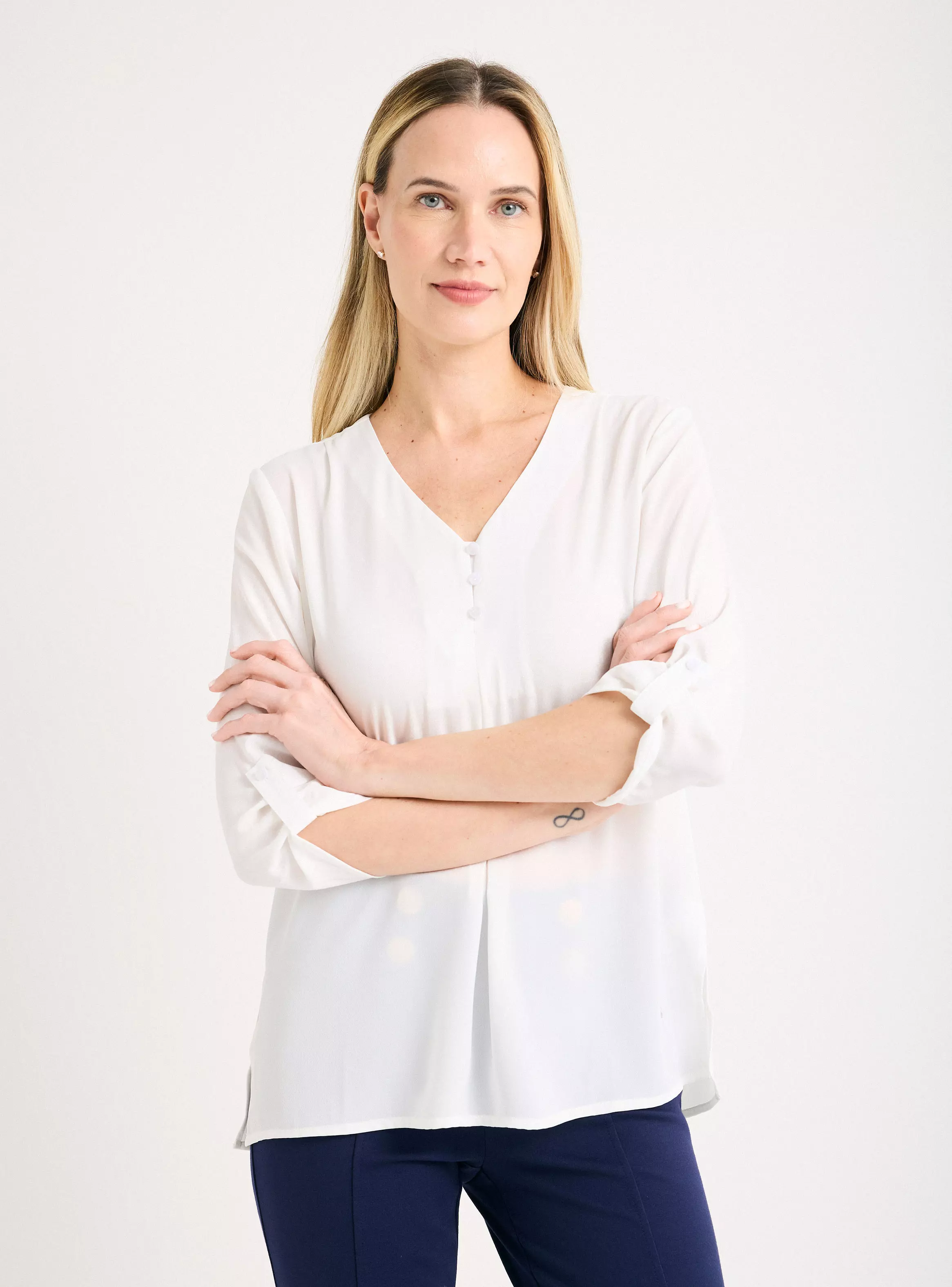 Blusa Escote en V con Manga Recogidas-0