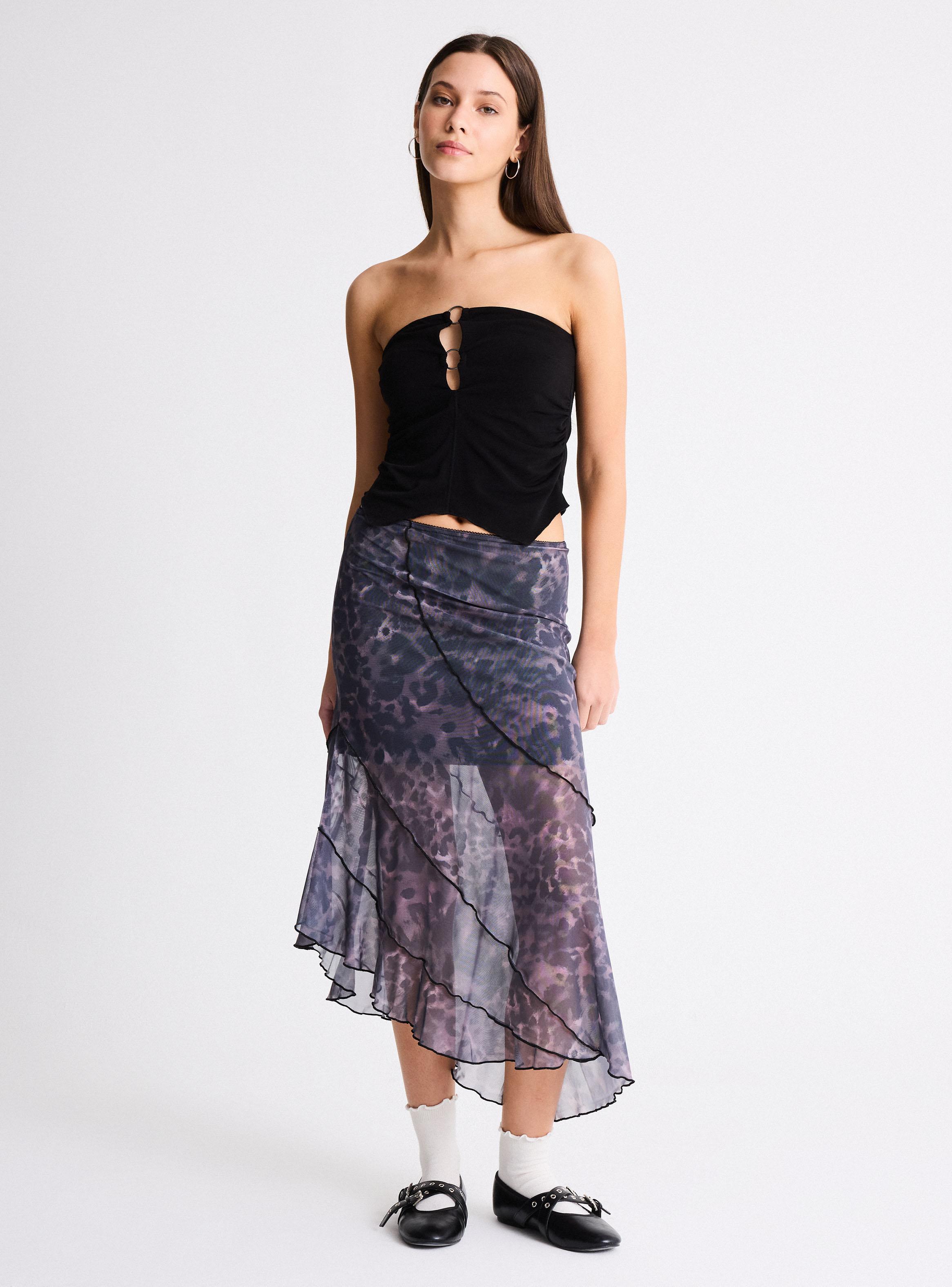 Falda de Malla Asimétrica Estampada-4