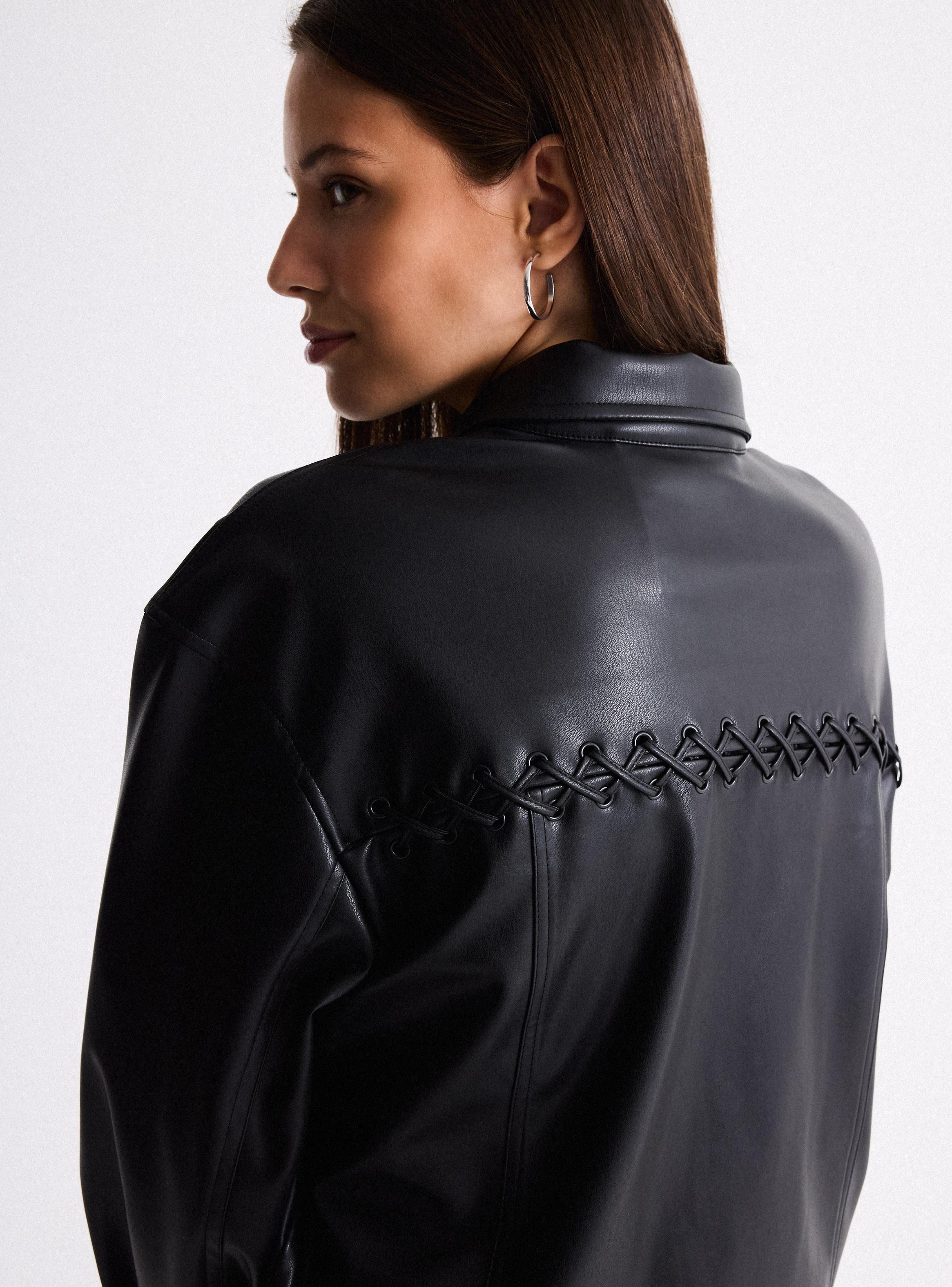 Chaqueta Efecto Piel Lace Up en la Espalda-3