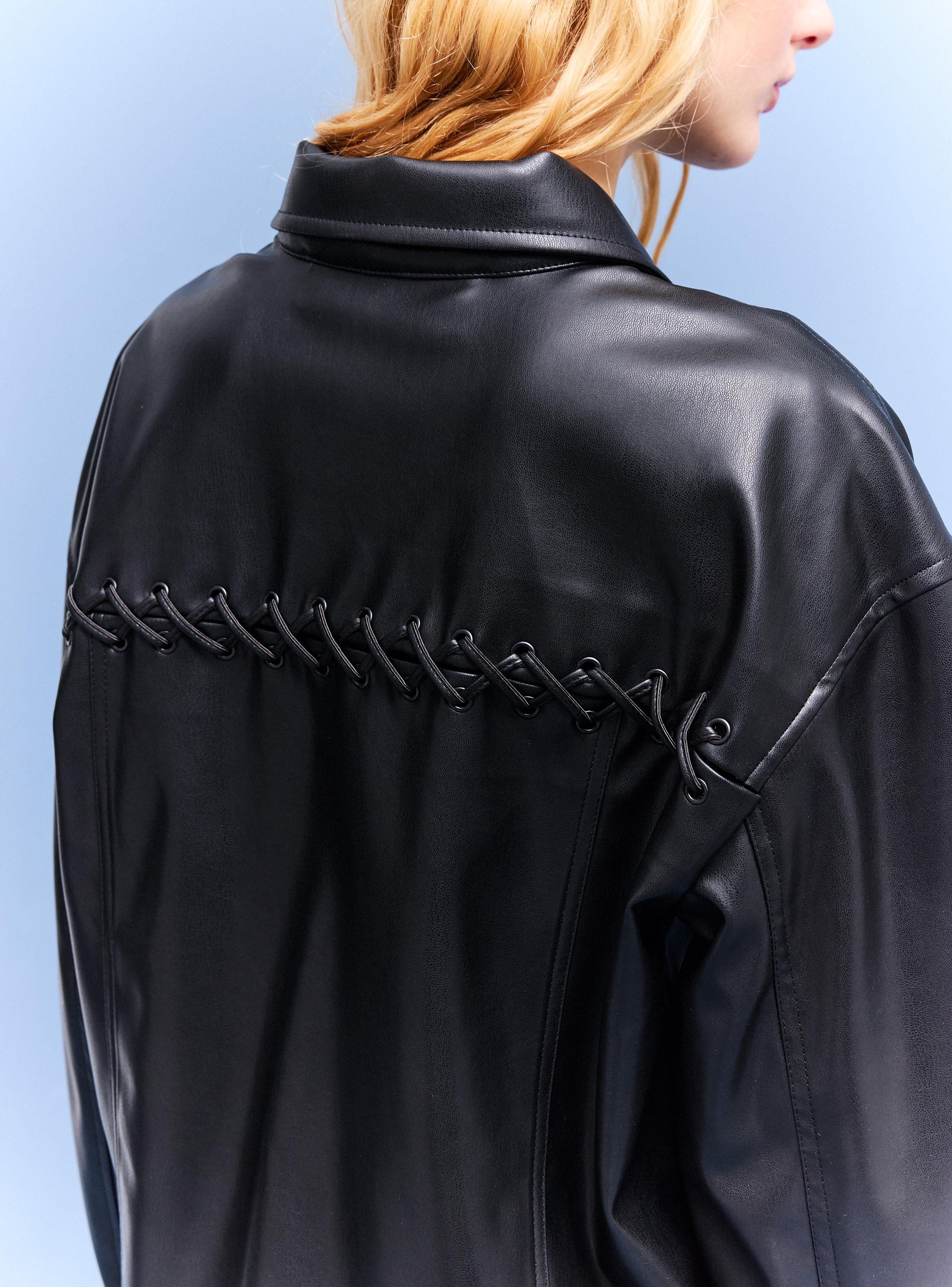 Chaqueta Efecto Piel Lace Up en la Espalda-3