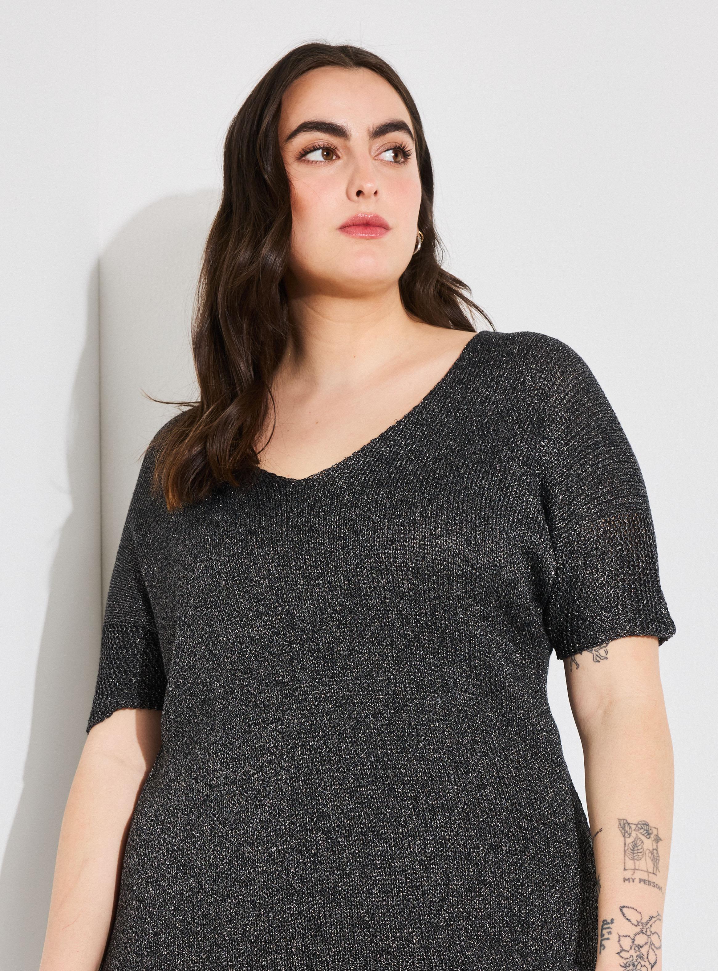 Sweater Escote V Manga Corta Tejido Metalizado Curvy-3