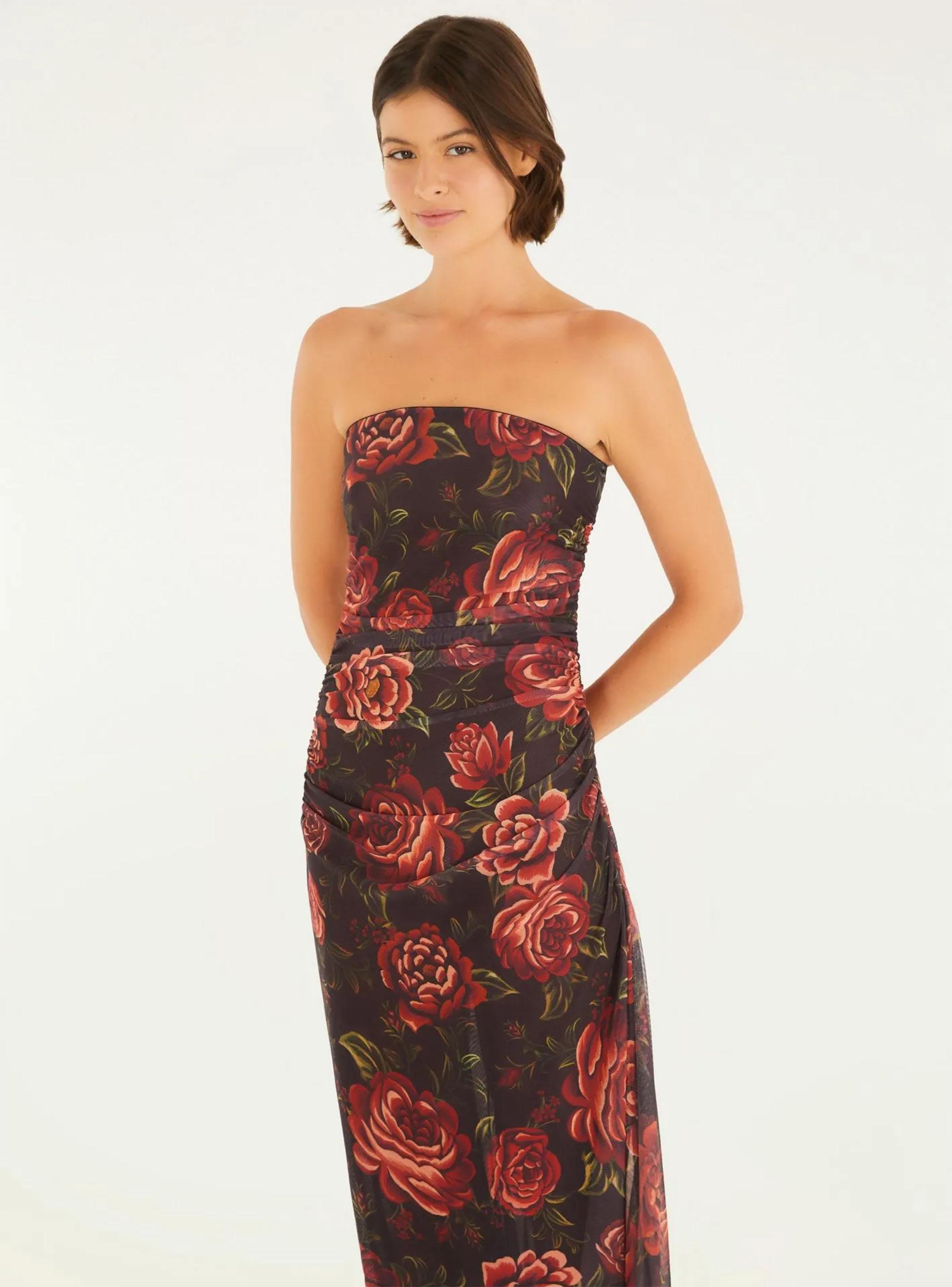 Vestido Midi Strapless Diseño Rosas-2