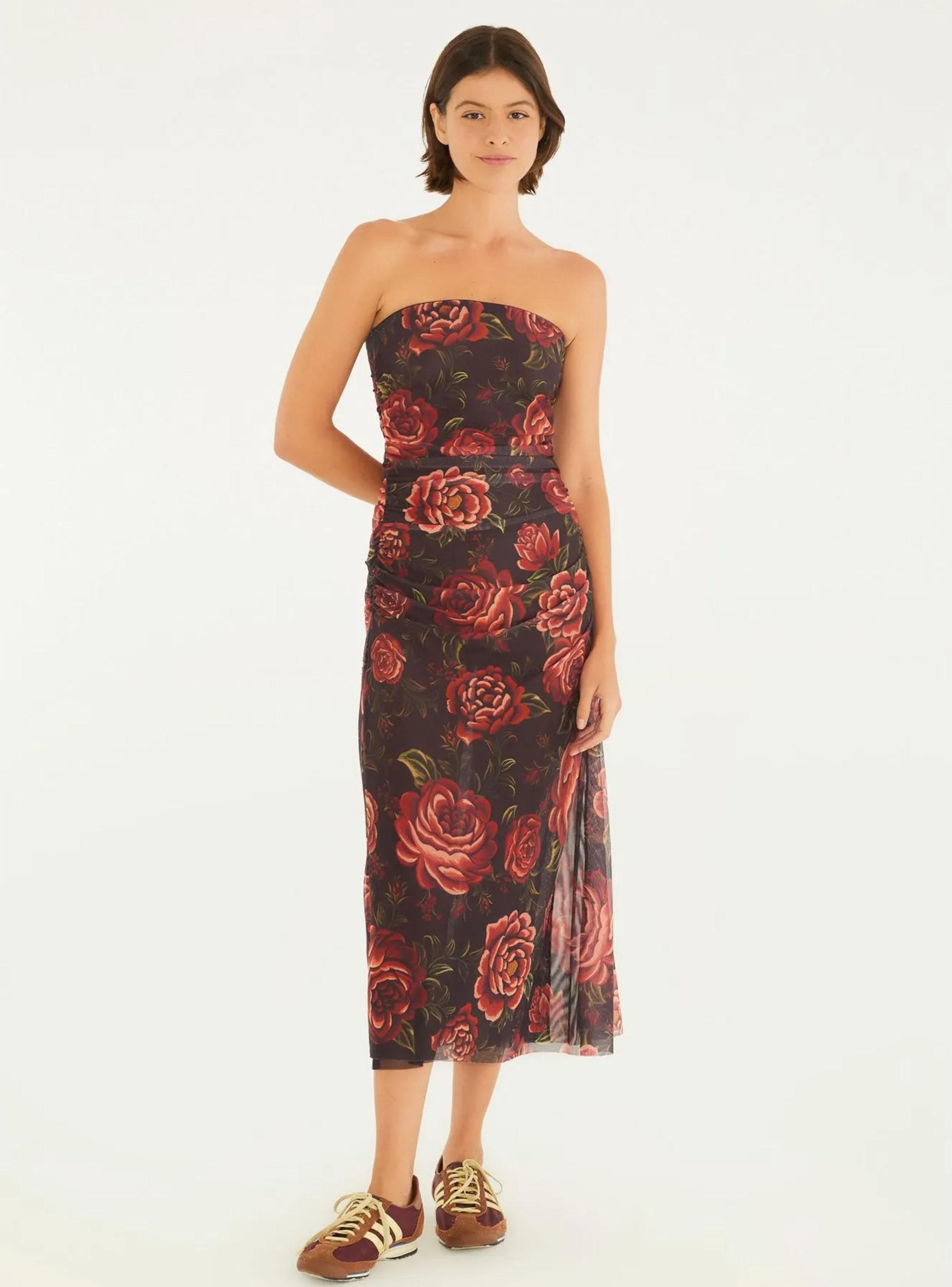 Vestido Midi Strapless Diseño Rosas-0