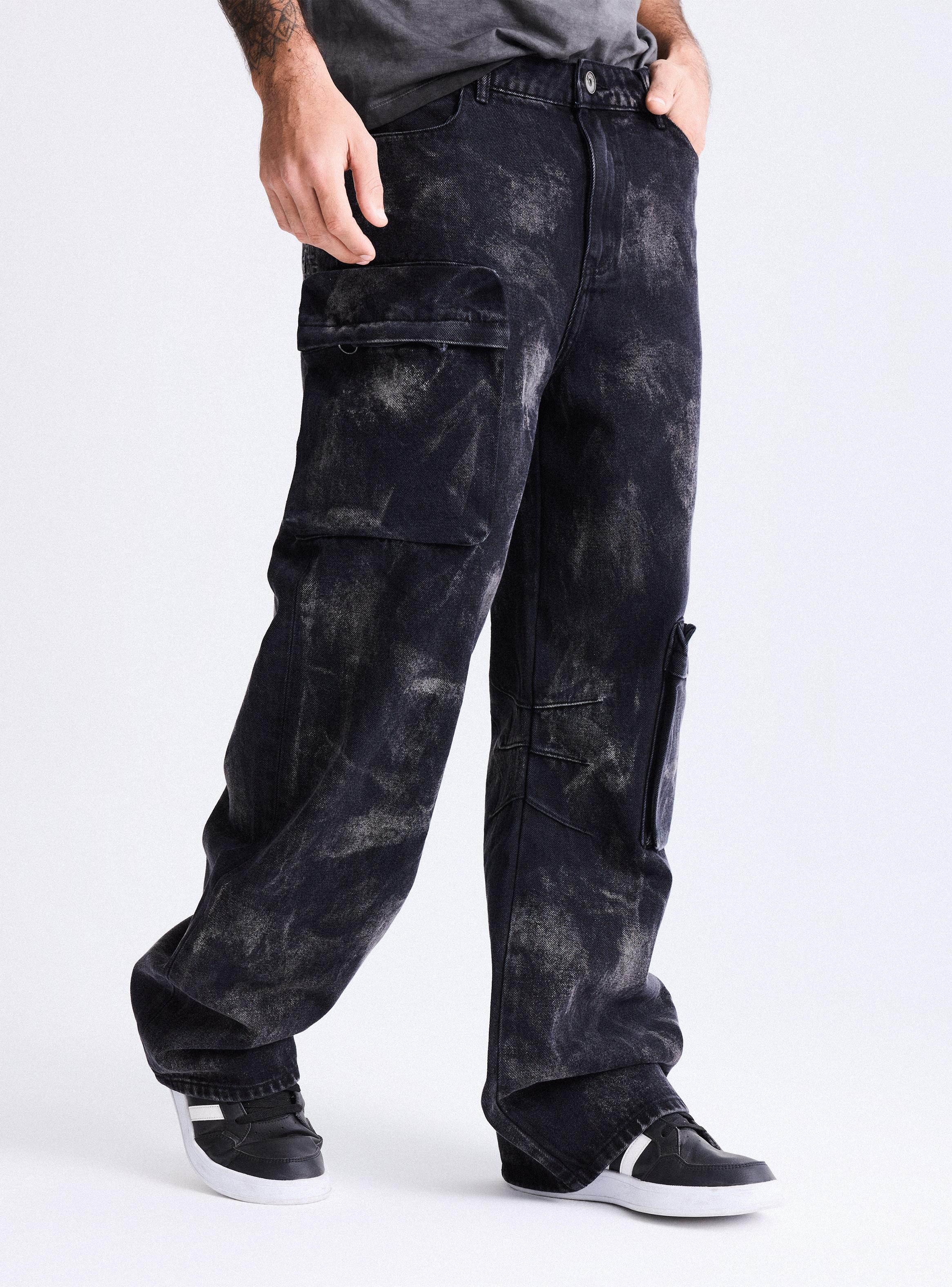 Jeans Ed Hardy Ancho Manchado Bolsillos Cargo Relaxed Fit-0
