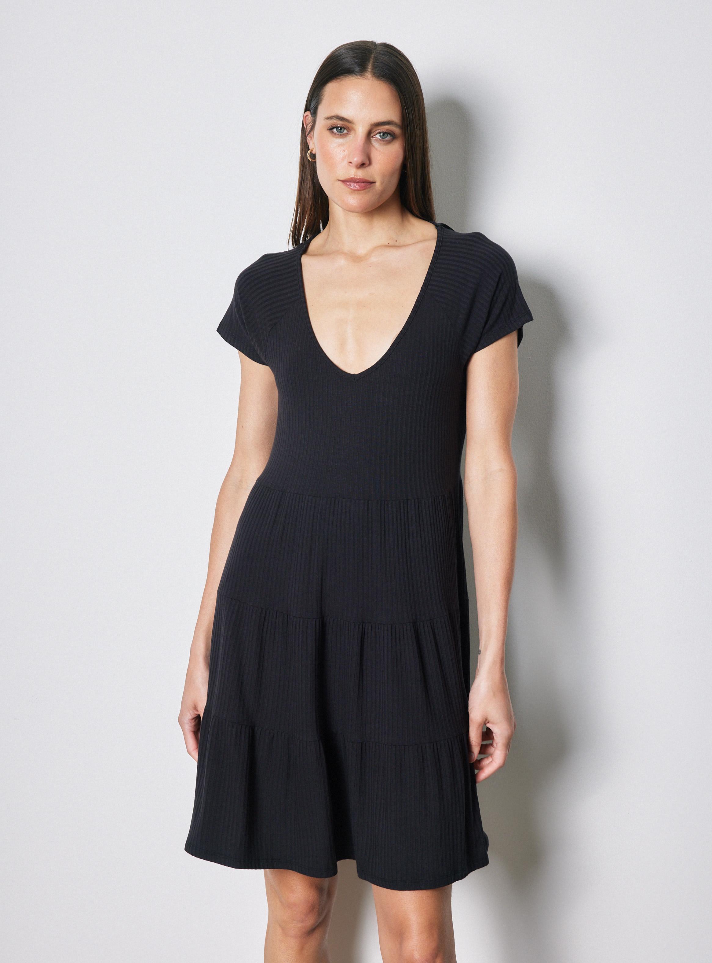 Vestido Manga Corta Escote V con Faldón Fruncido-0