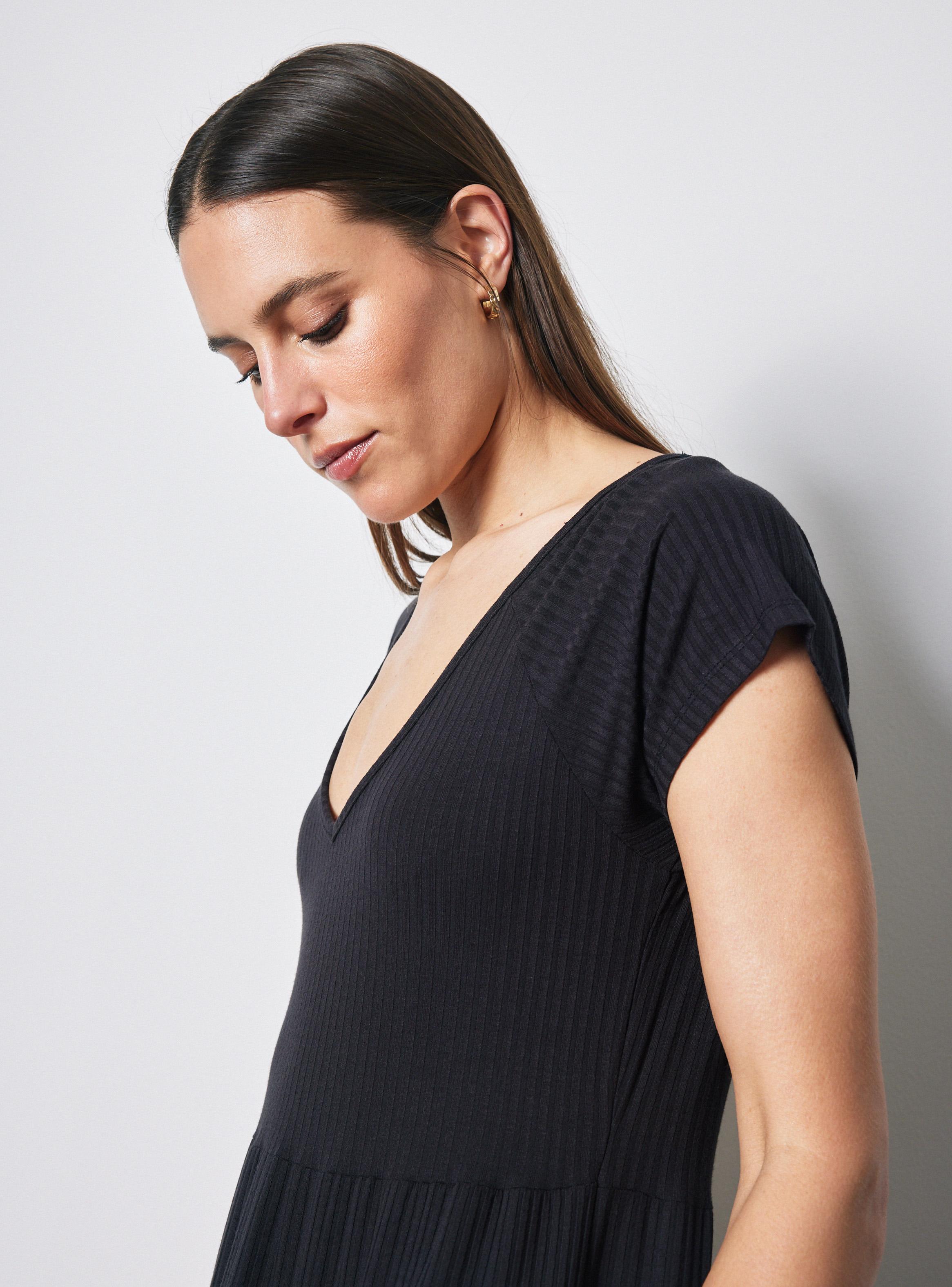 Vestido Manga Corta Escote V con Faldón Fruncido-2