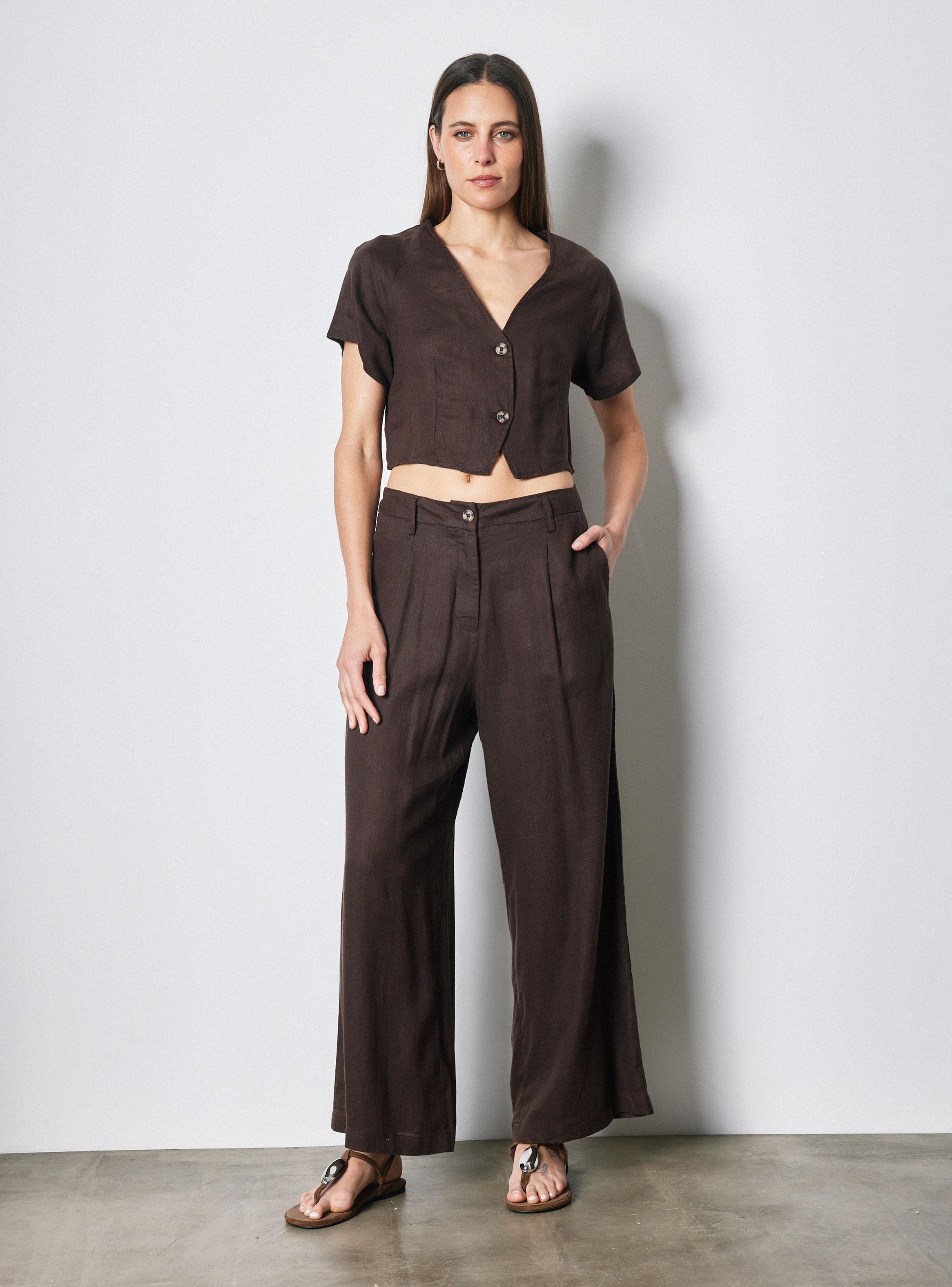 Blusa Lino Manga Corta Escote V con Botones-4