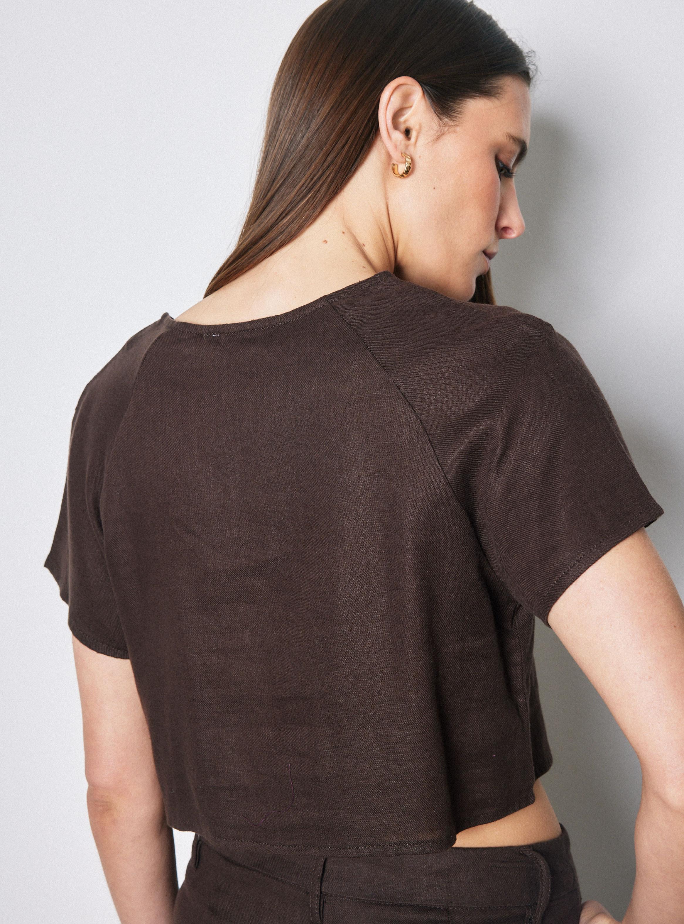 Blusa Lino Manga Corta Escote V con Botones-3