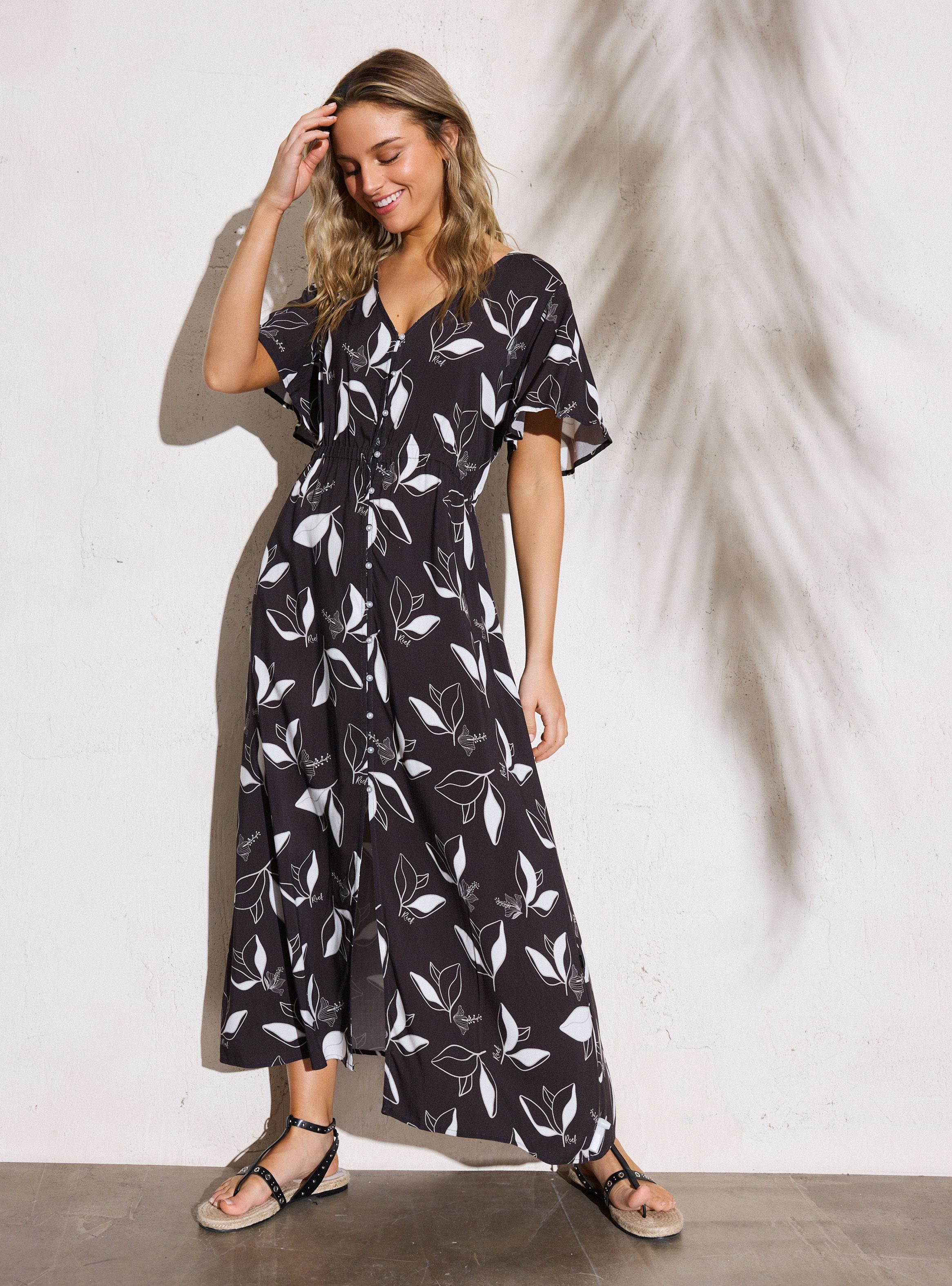Vestido Manga Corta Estampado Completo con Botonera Frontal-4
