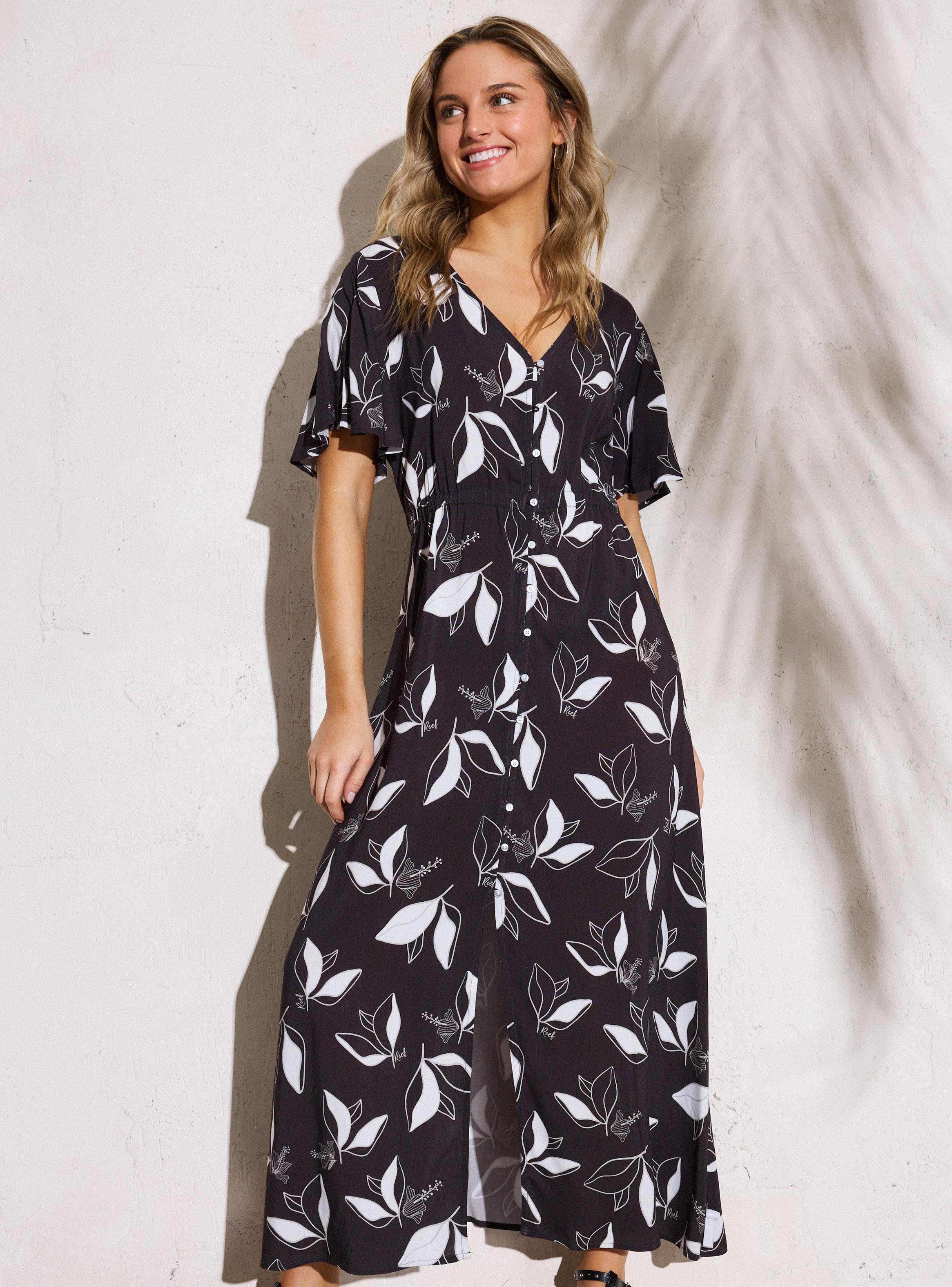 Vestido Manga Corta Estampado Completo con Botonera Frontal-0