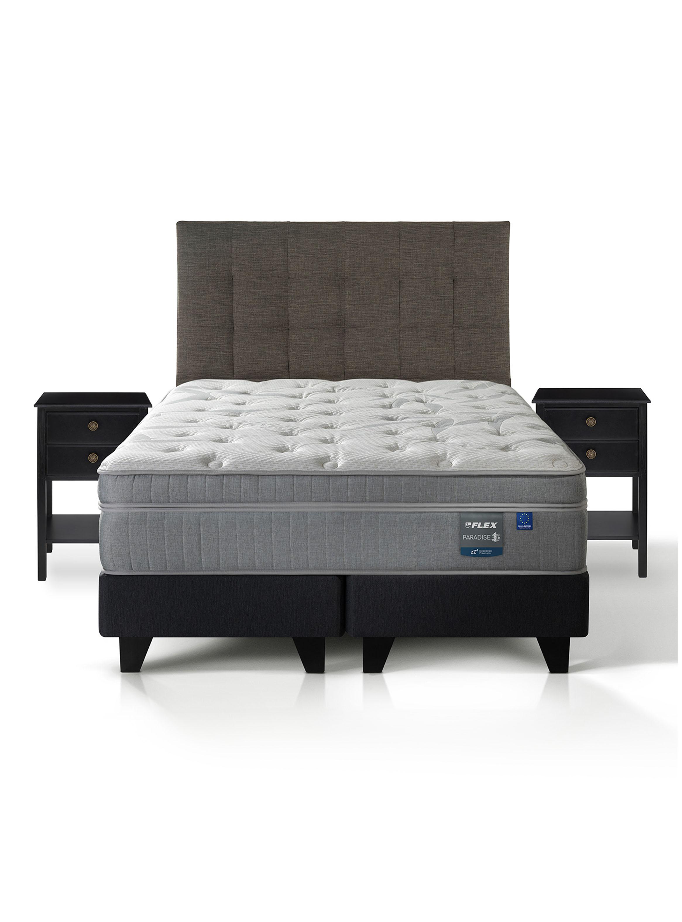 Cama Europea Paradise 2 Plazas Box Base Dividida + Respaldo Design Grafito + 2 Veladores Rover-2
