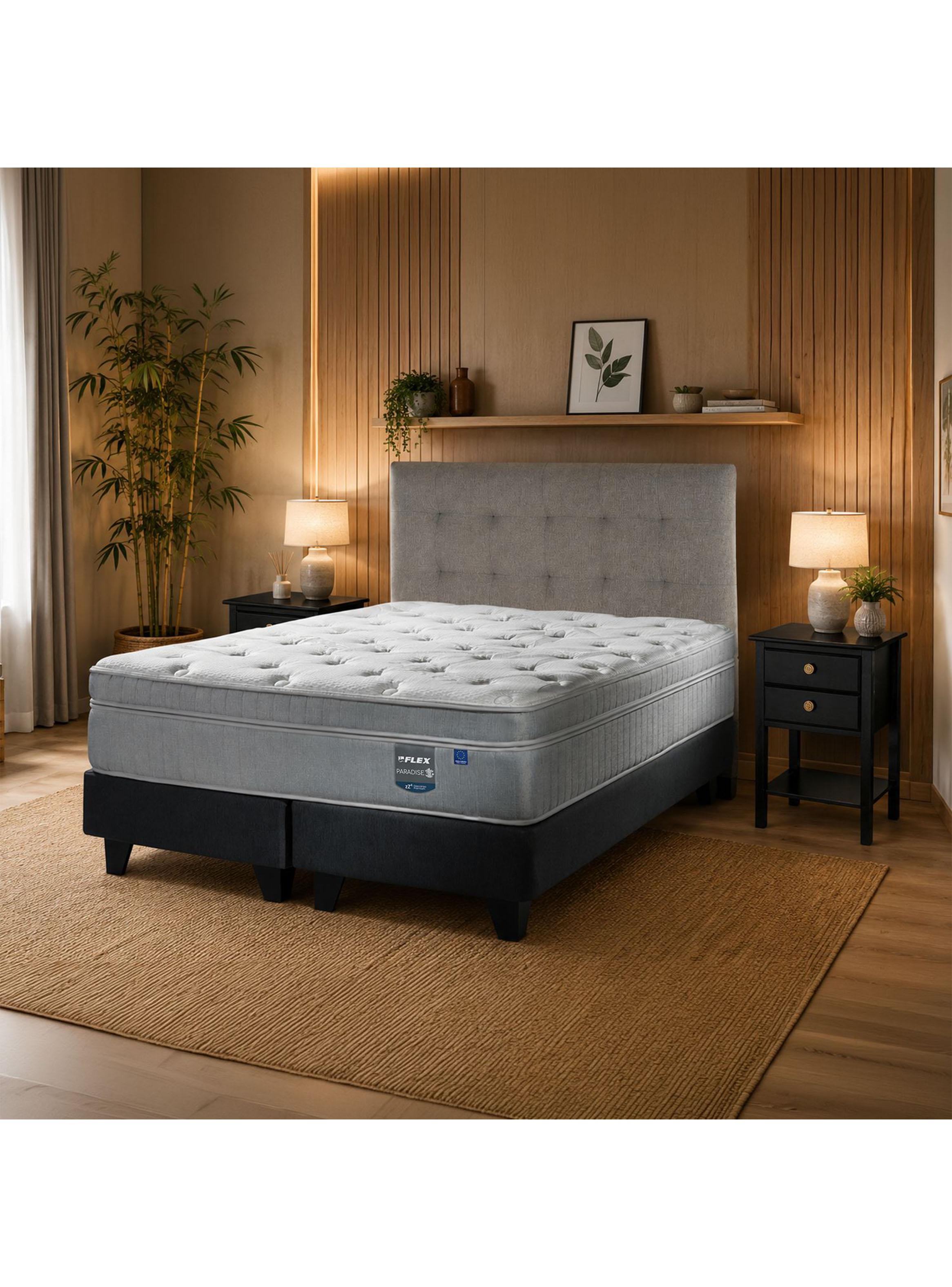 Cama Europea Paradise 2 Plazas Box Base Dividida + Respaldo Design Gris + 2 Veladores Rover-5