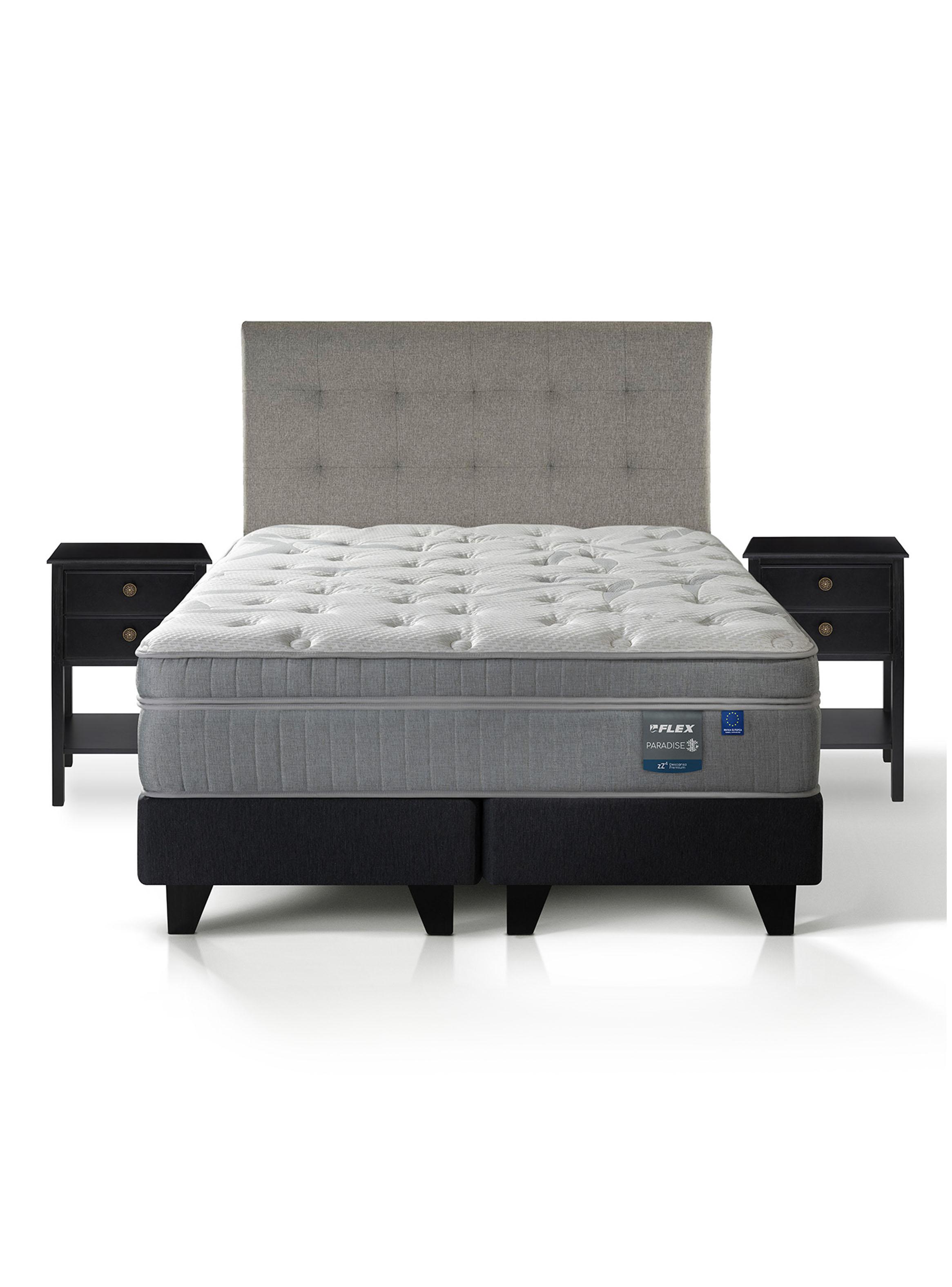 Cama Europea Paradise 2 Plazas Box Base Dividida + Respaldo Design Gris + 2 Veladores Rover-2