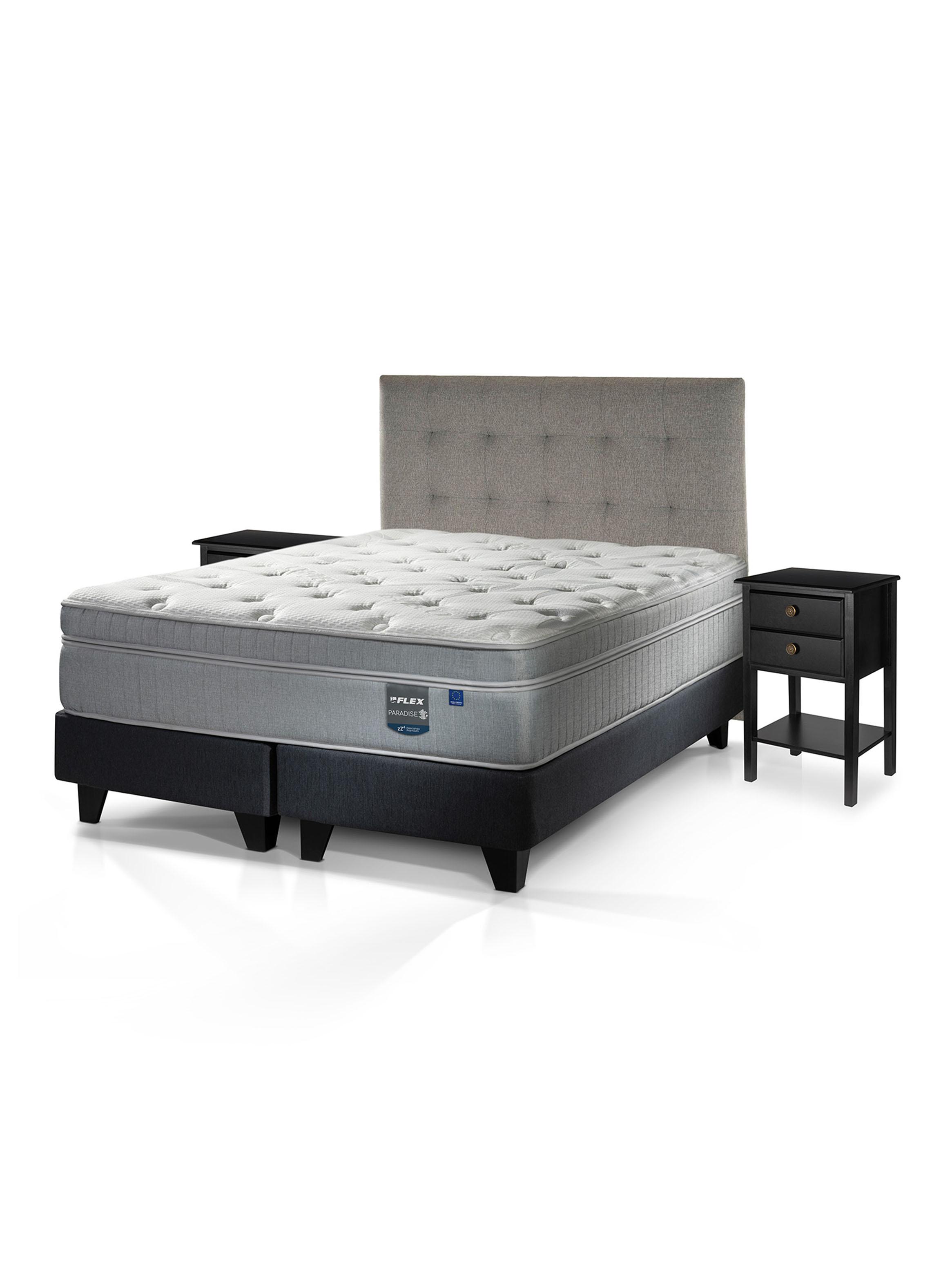 Cama Europea Paradise 2 Plazas Box Base Dividida + Respaldo Design Gris + 2 Veladores Rover-0