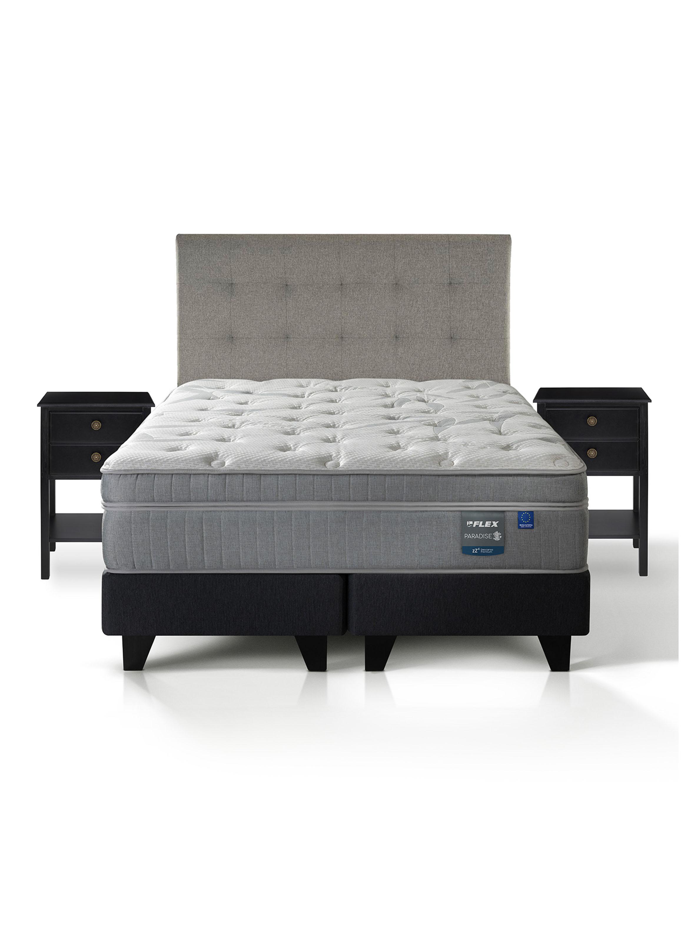 Cama Europea Paradise King + Respaldo Design Gris + 2 Veladores Rover-2