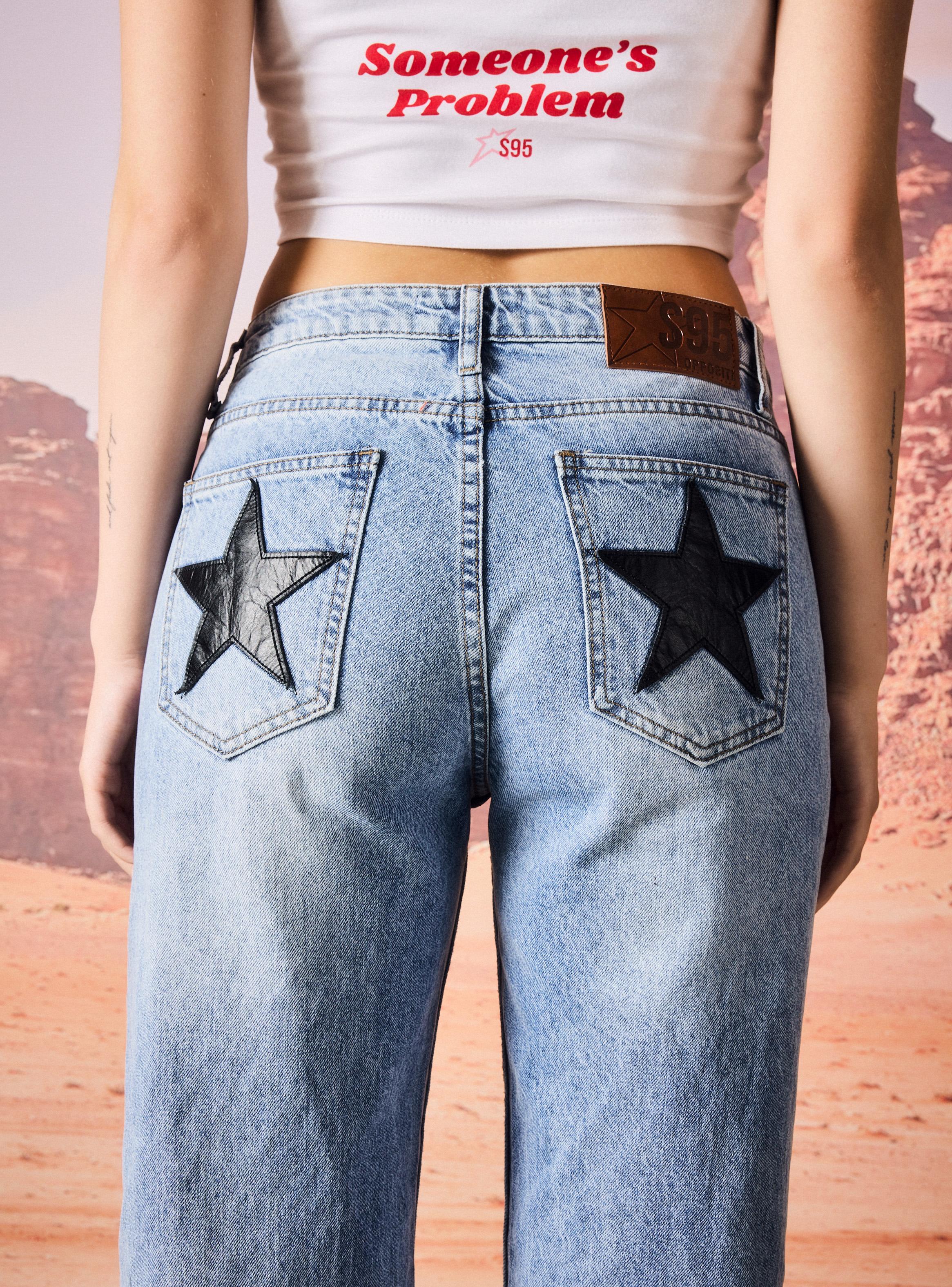 Jeans Straight Tiro Bajo Parches Estrellas Pu Colección S95-3