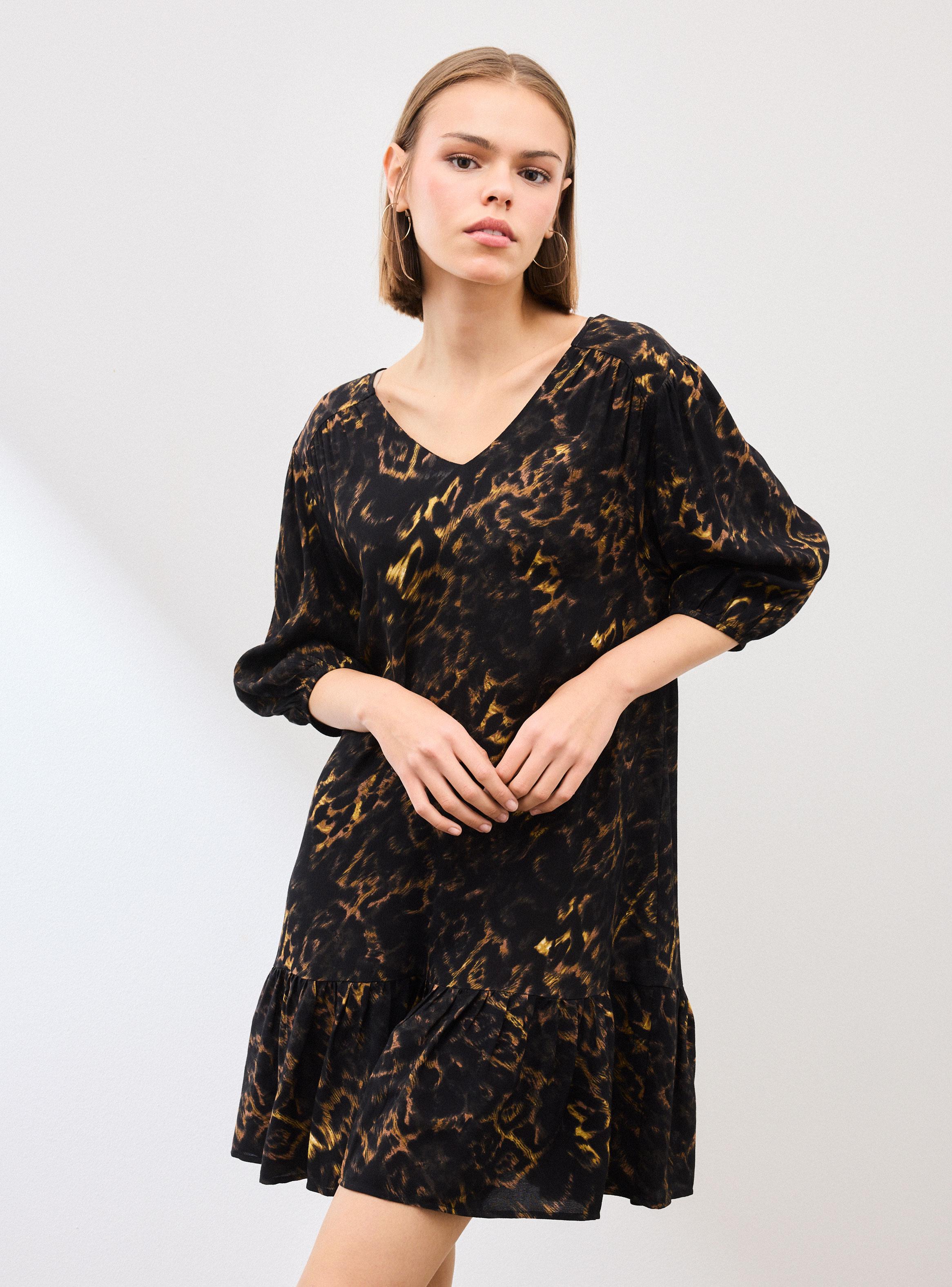 Vestido Fluido con Vuelo y Manga Abullonada Tres Cuartos-0