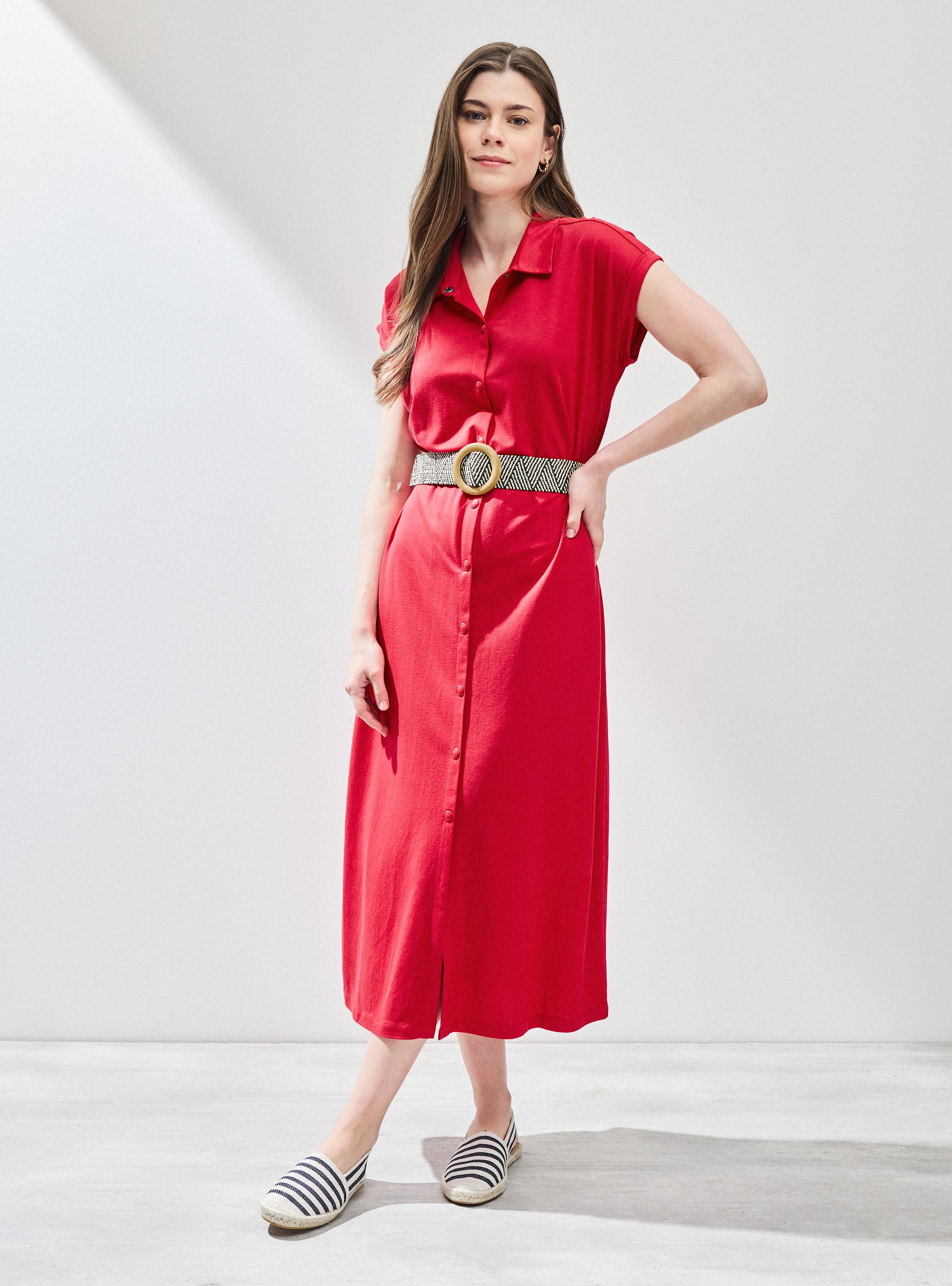 Vestido Abotonado con Cinturón y Tela Elasticada-4