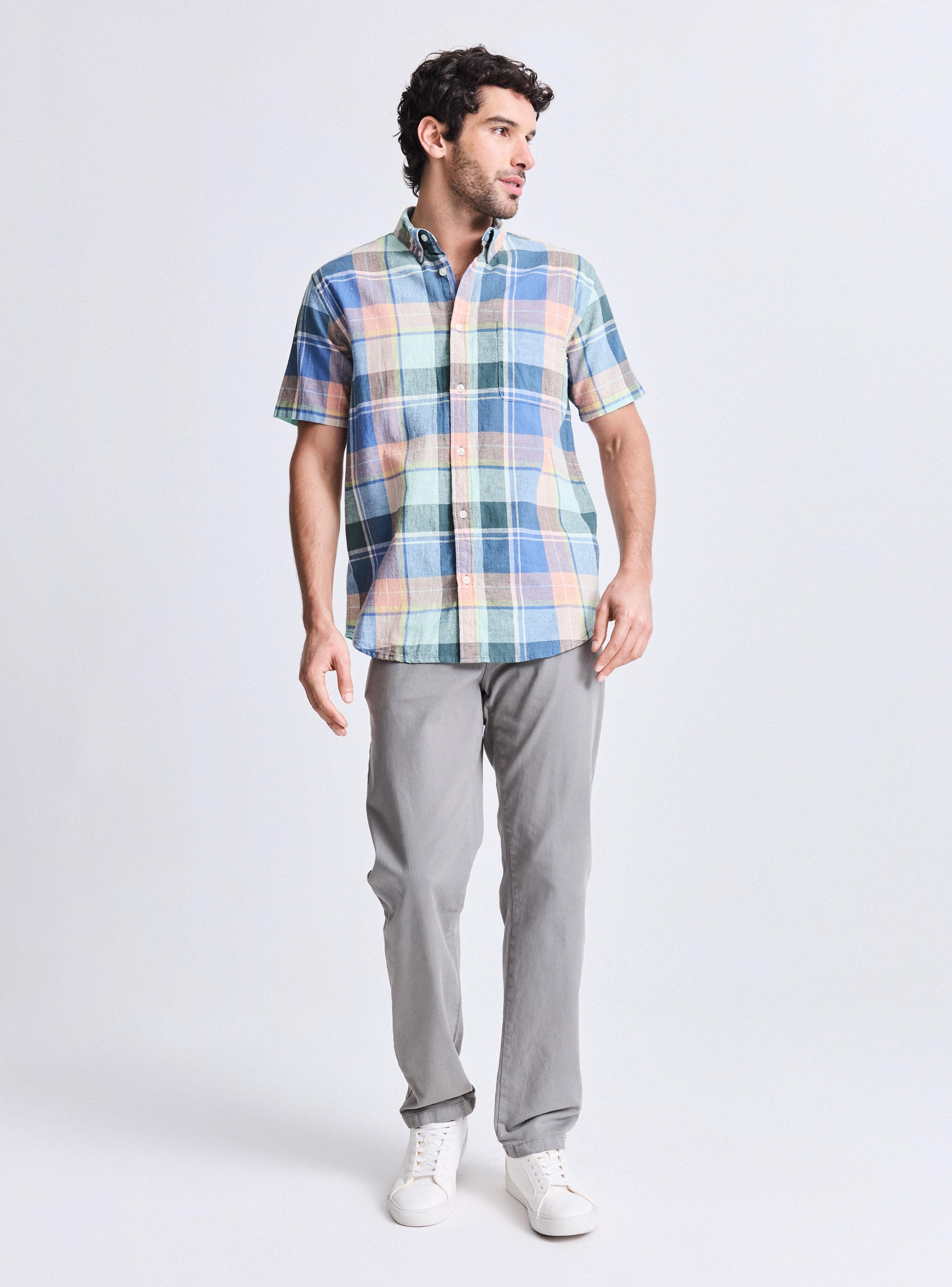 Camisa Manga Corta Lino Algodón Cuadros-4