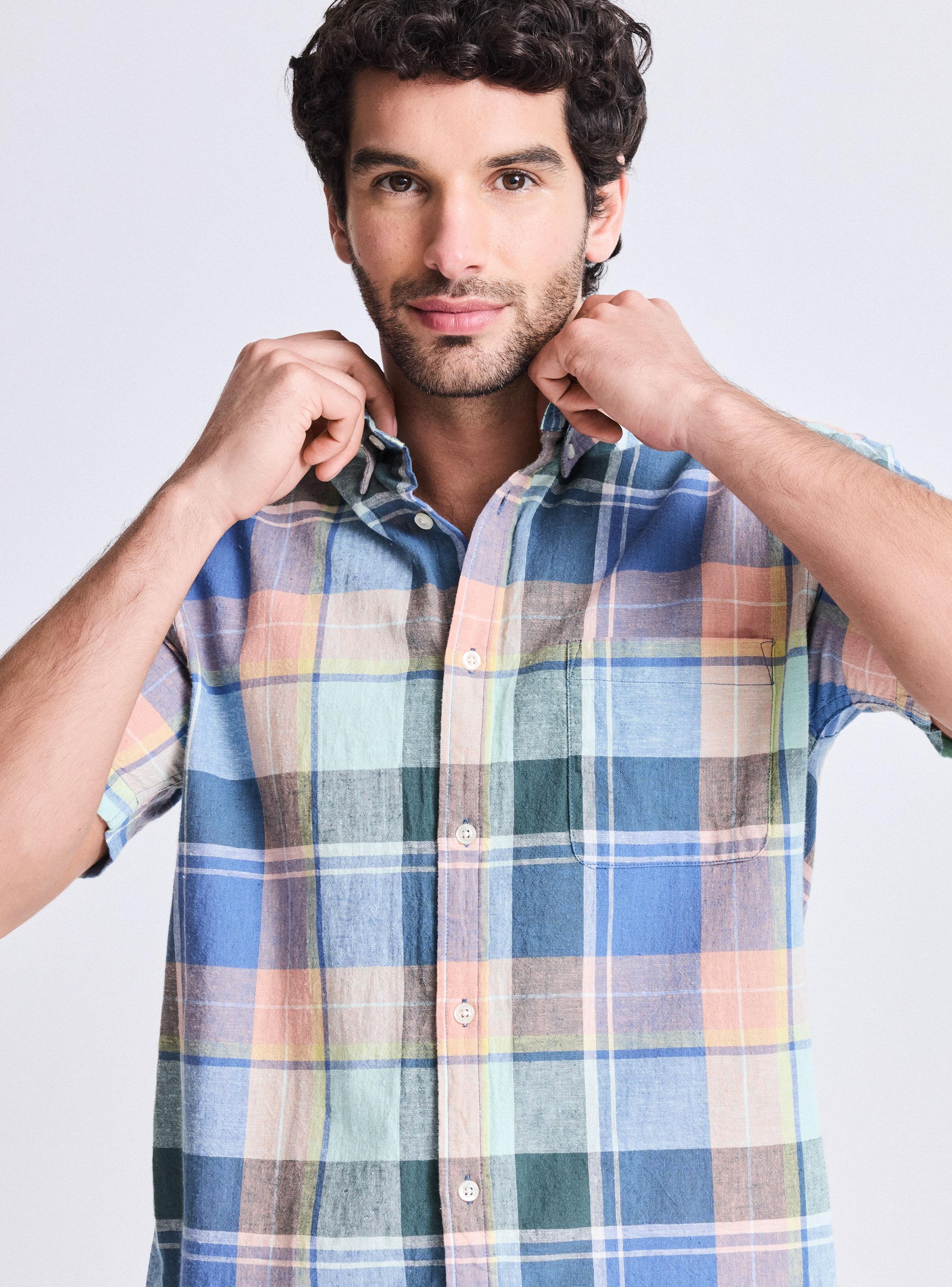 Camisa Manga Corta Lino Algodón Cuadros-2